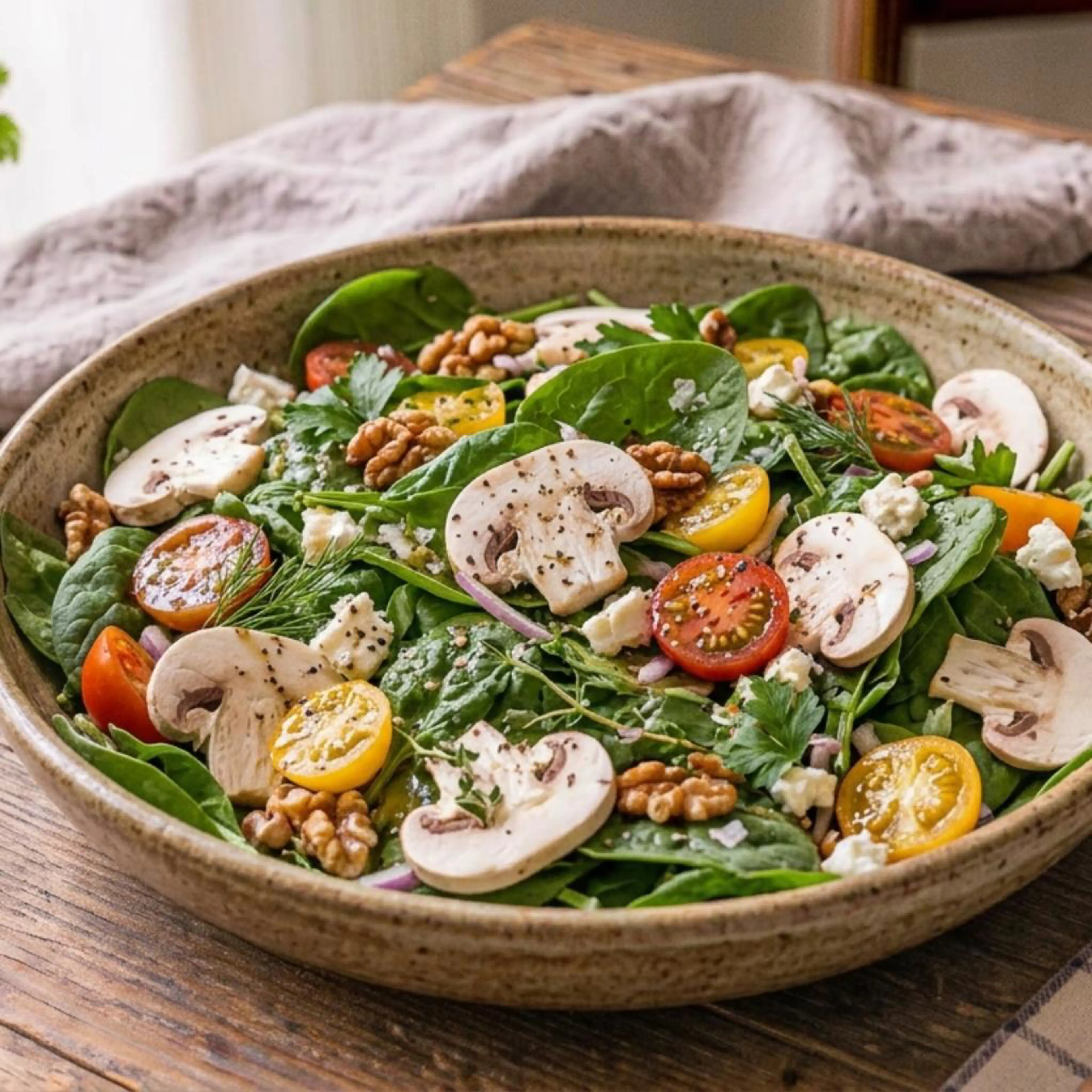 Salade van paddenstoelen en spinazie