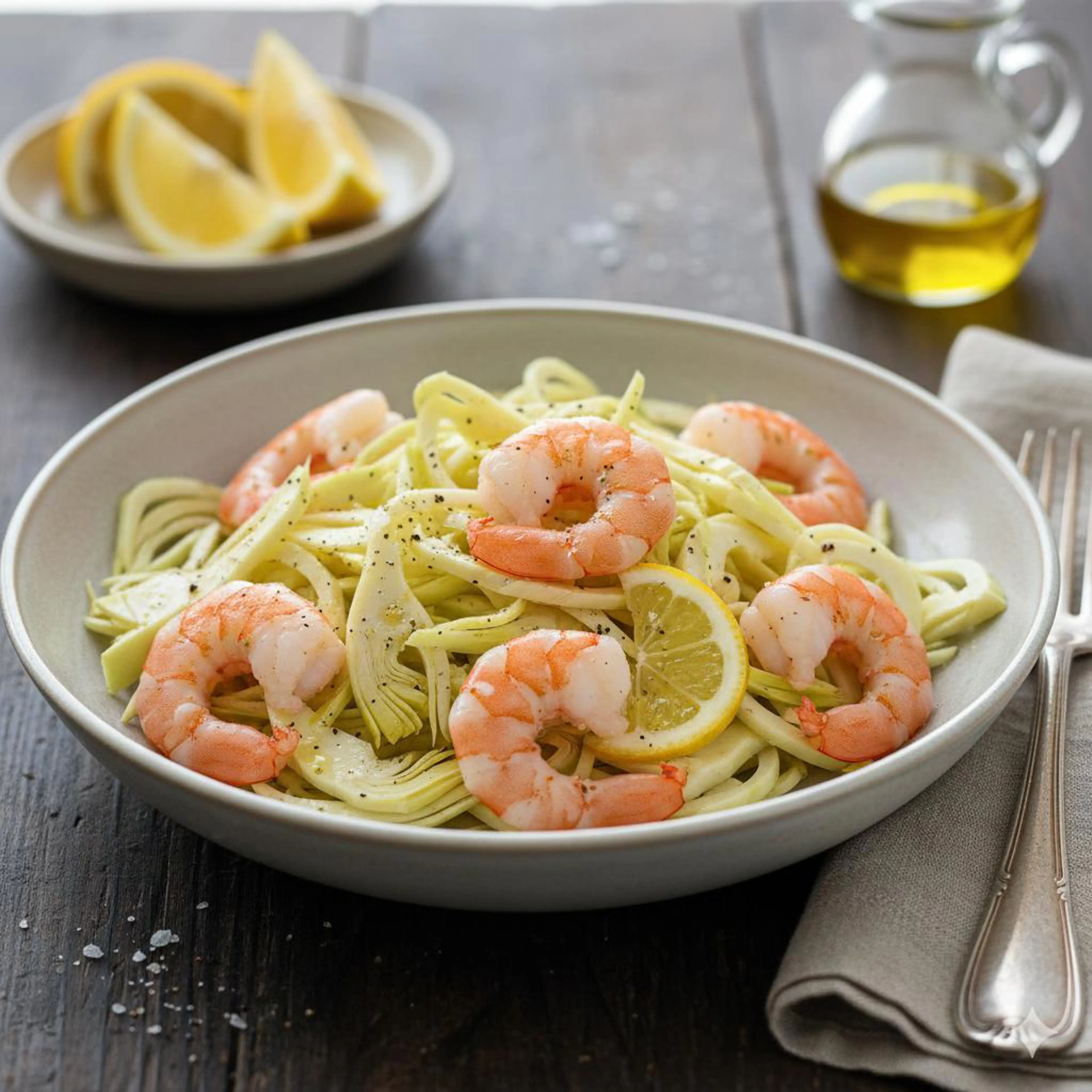 Salada de camarões e alcachofras