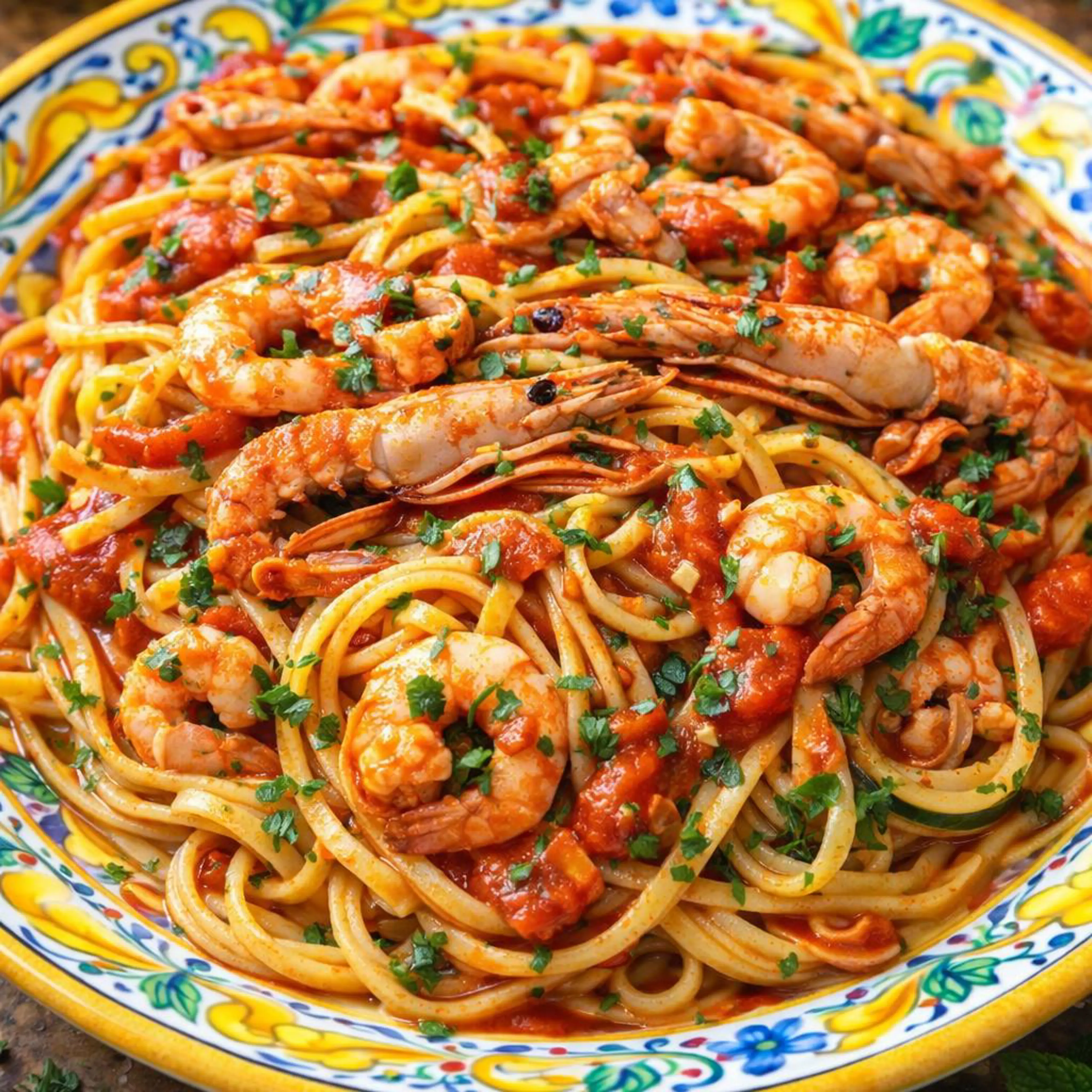 Linguine com lagostins e camarões