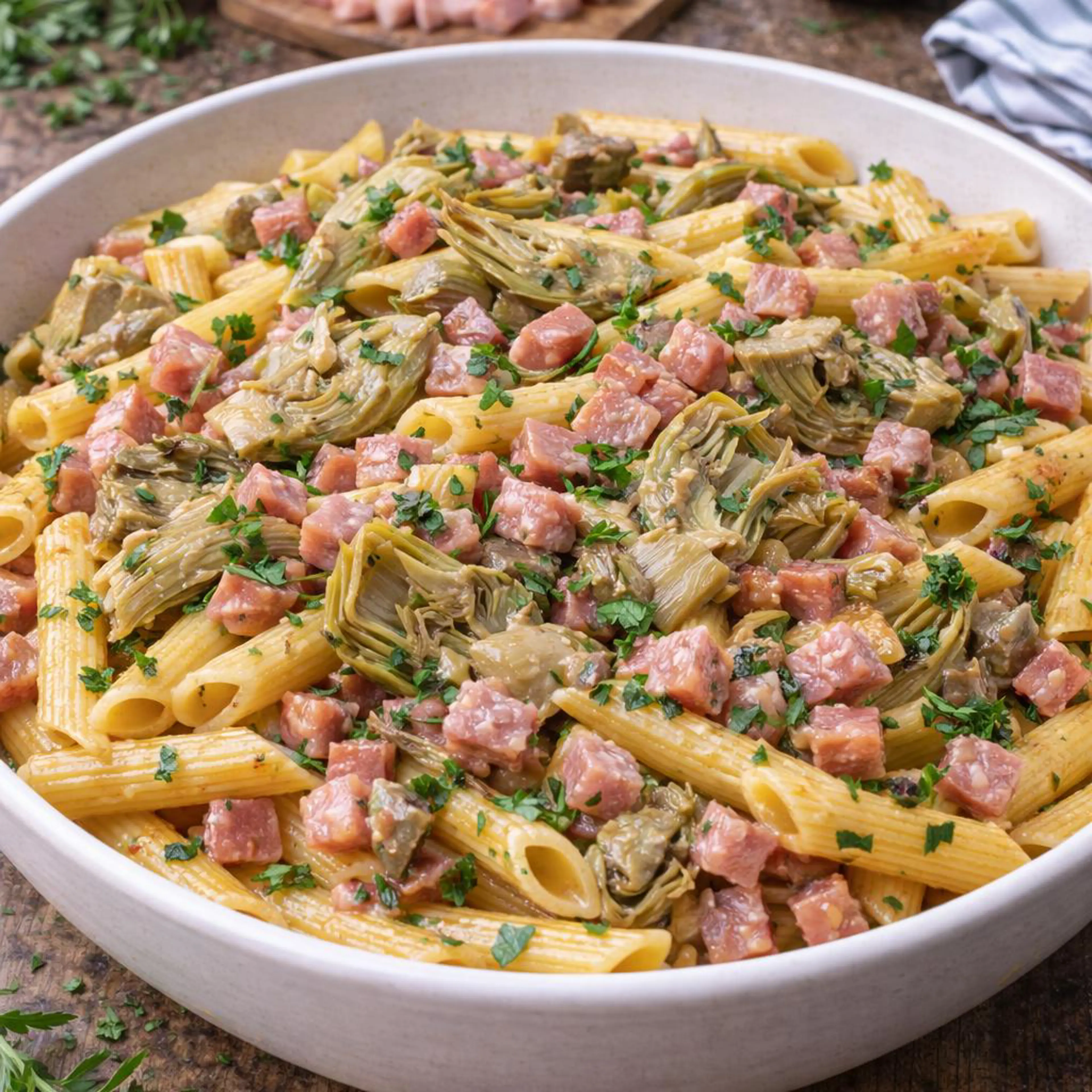 Penne com alcachofras e mortadela