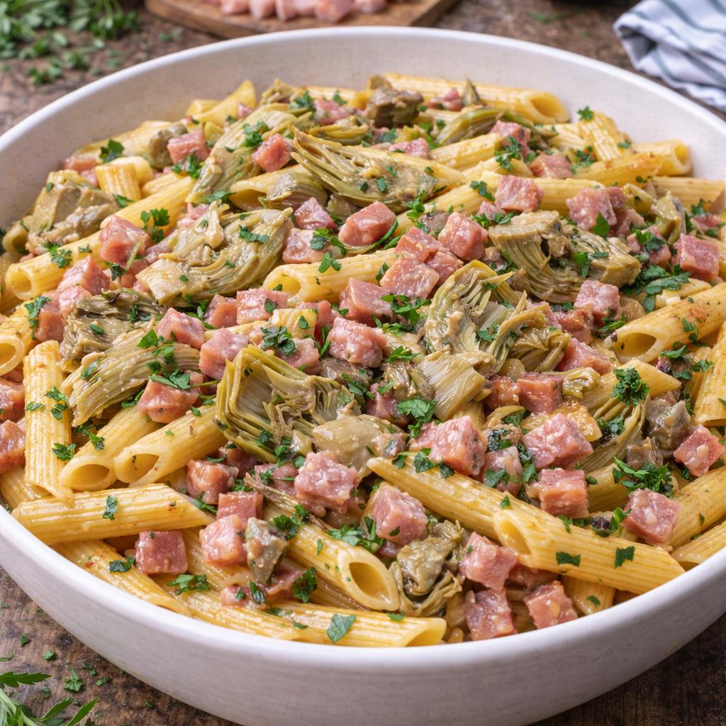 Penne com alcachofras e mortadela