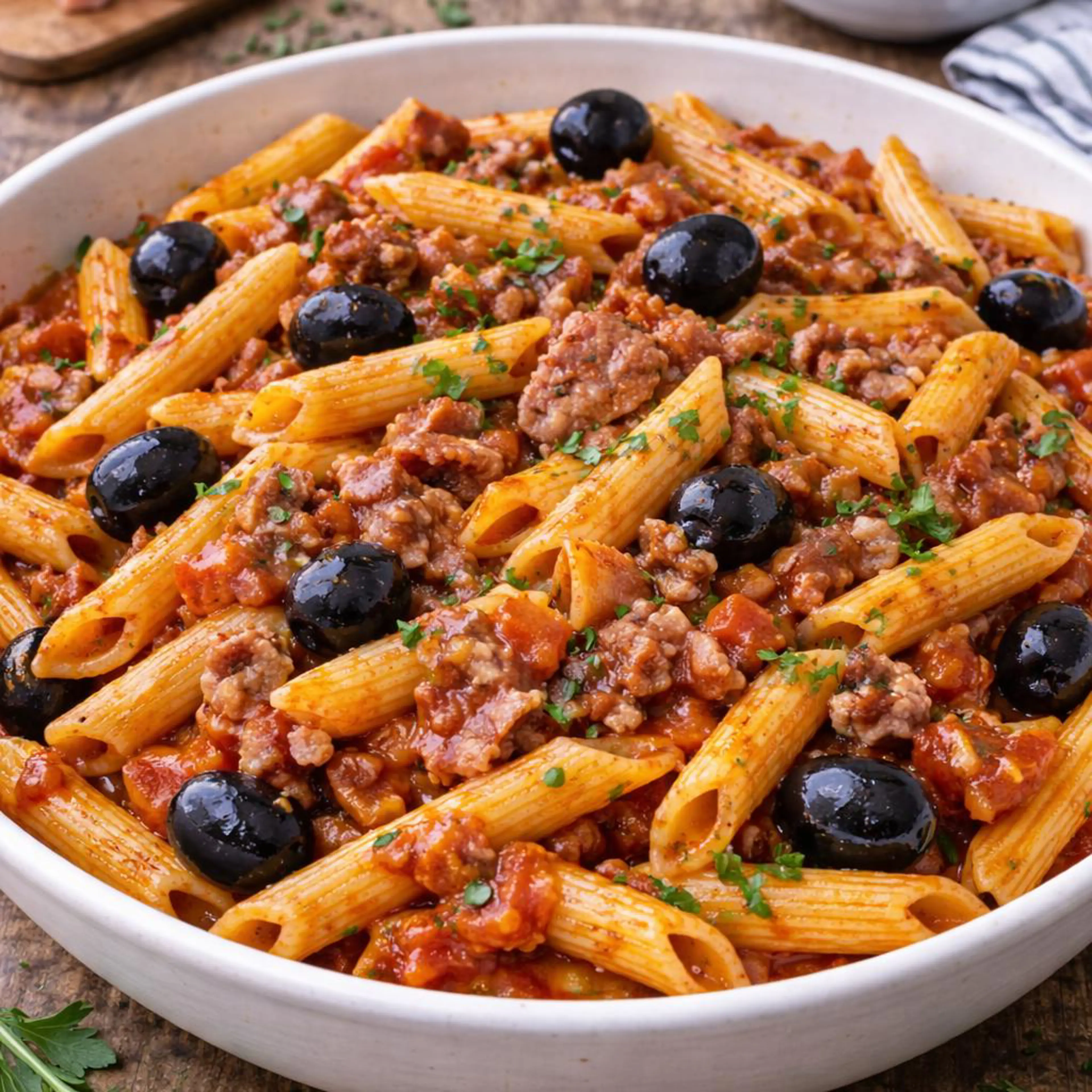 Penne z pancettą i oliwkami