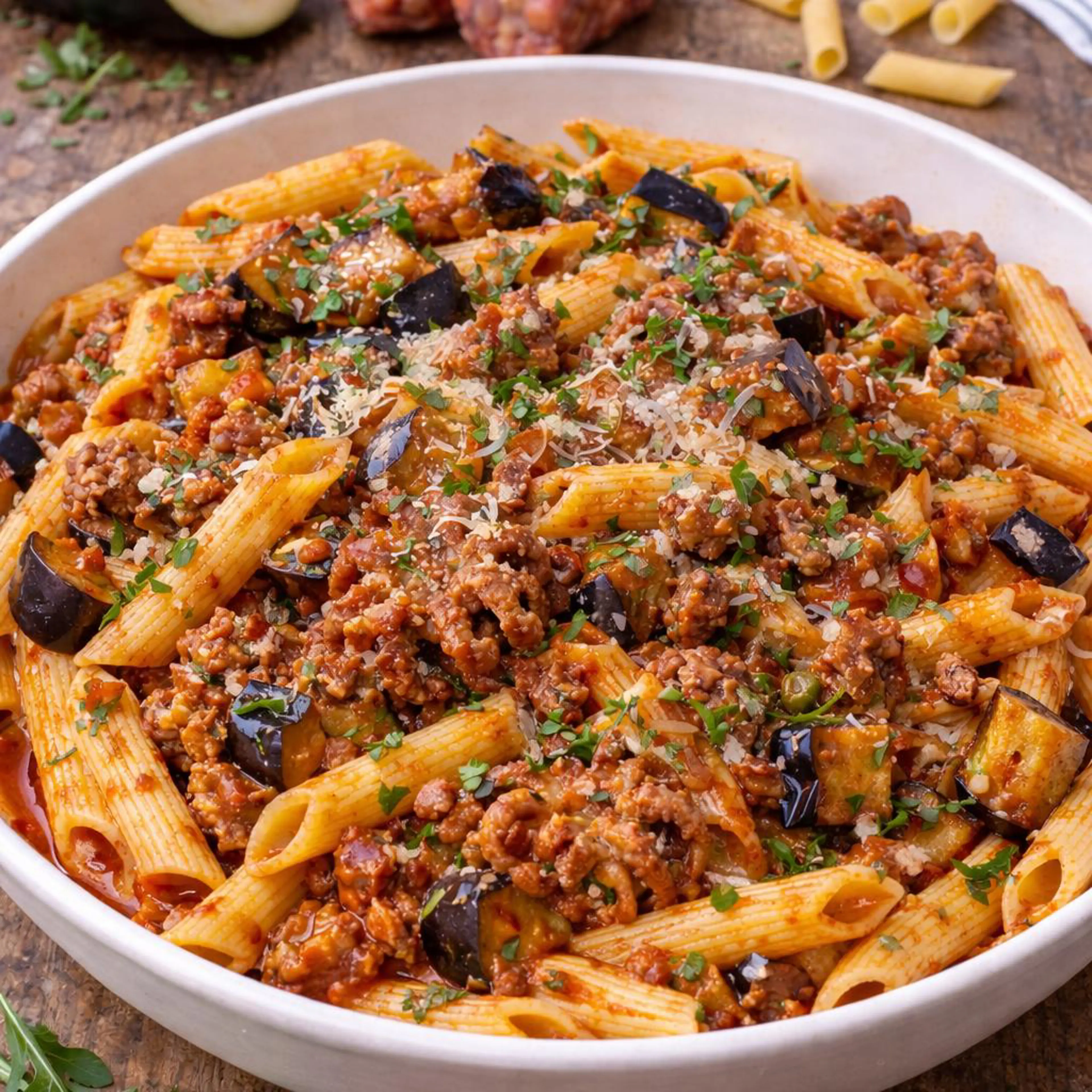Penne con salchicha y berenjenas