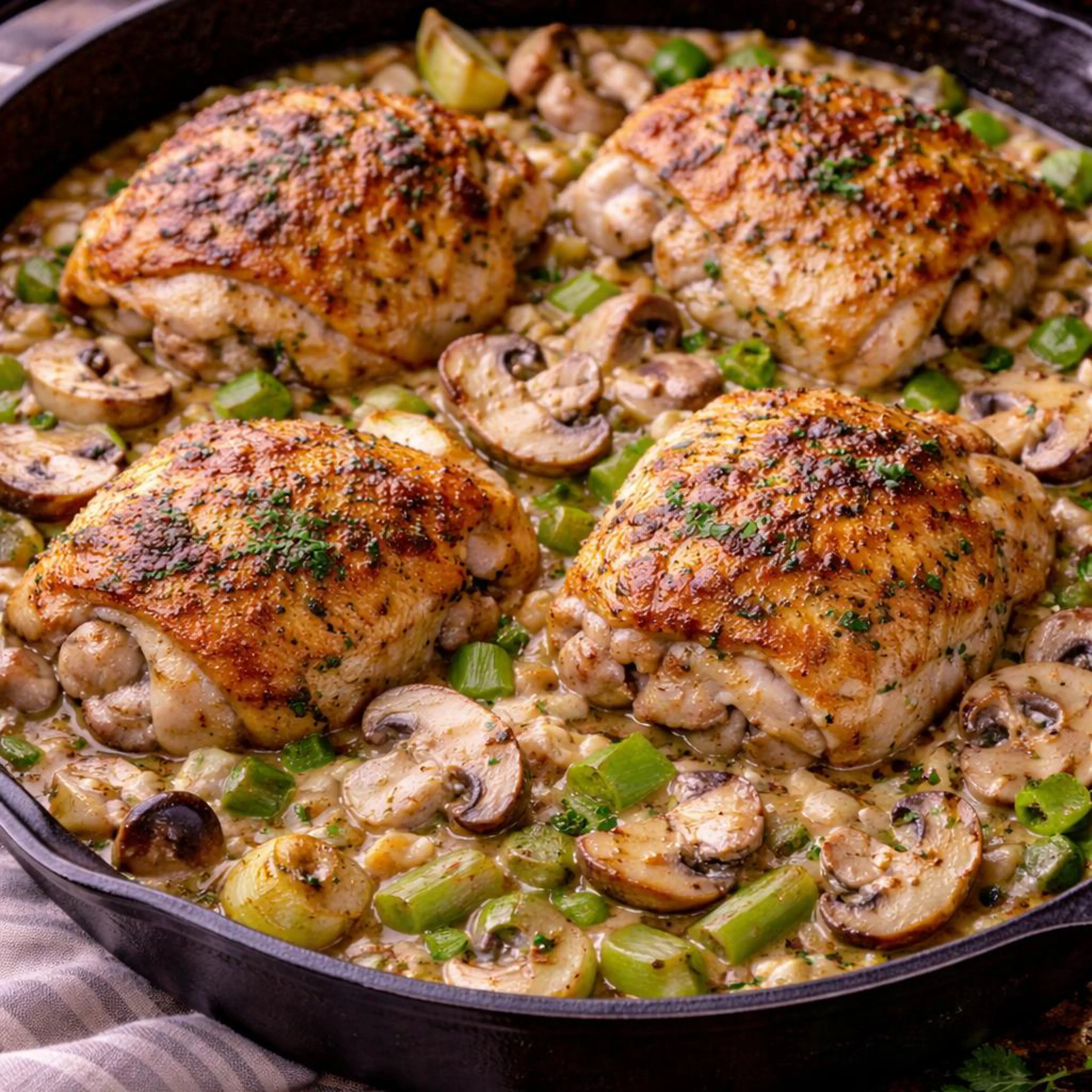 Hähnchen mit Pilzen und Lauch