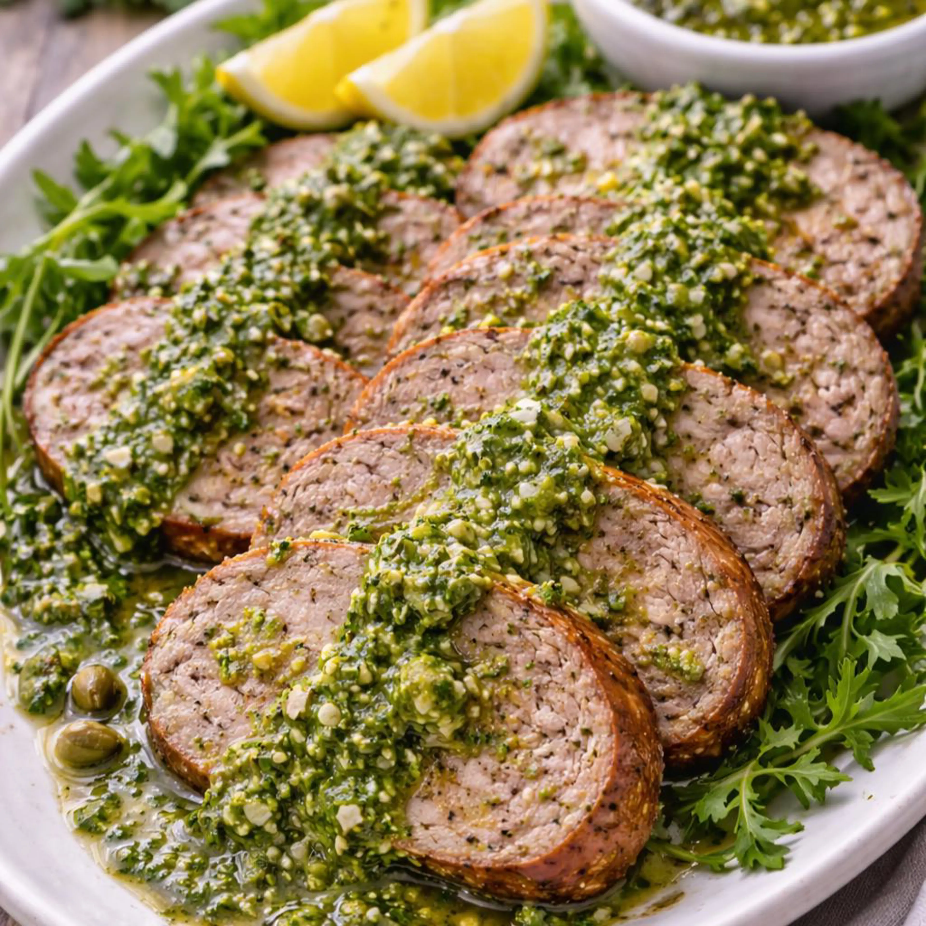 Мясной рулет в зеленом соусе