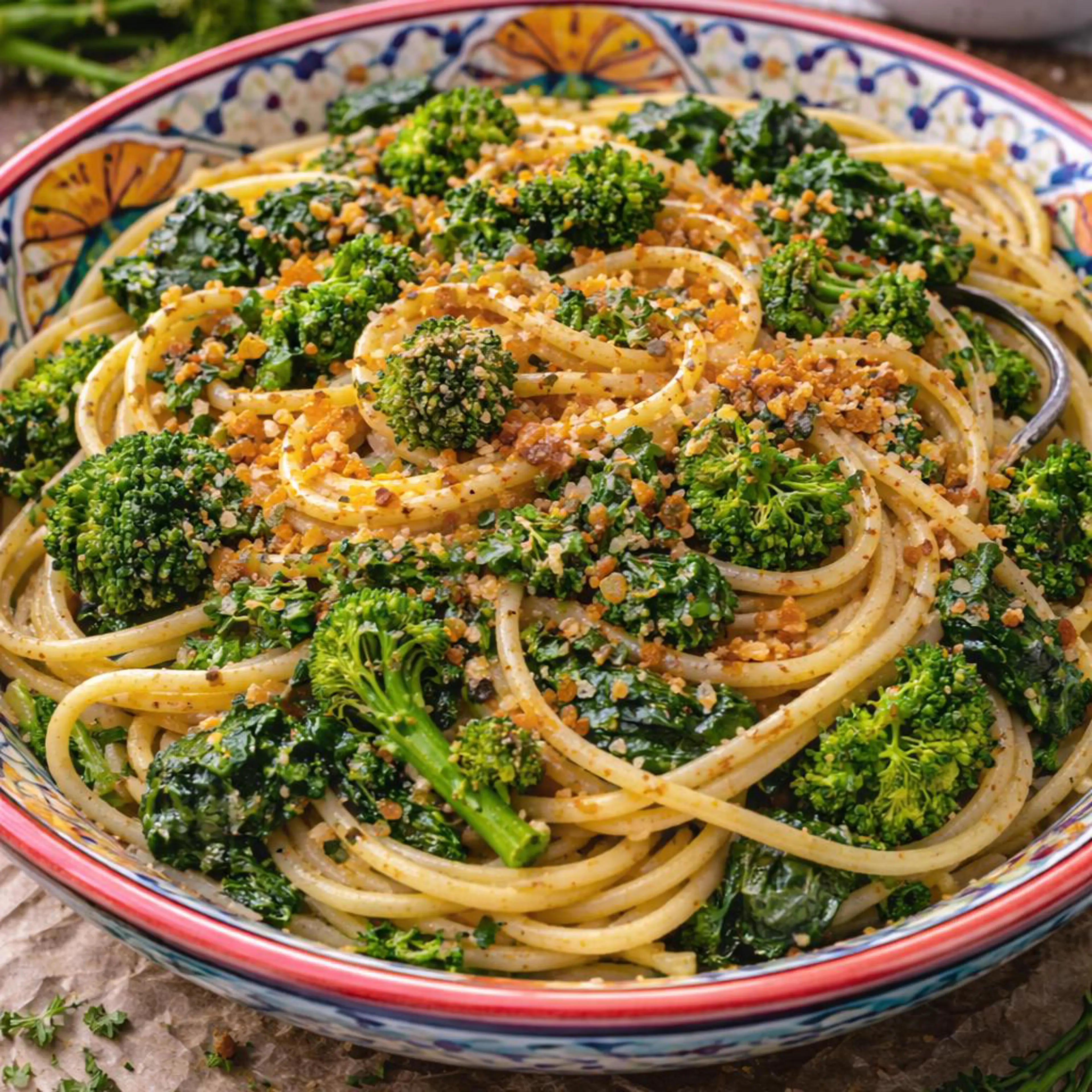 Spaghetti con broccoli di rape noci bottarga