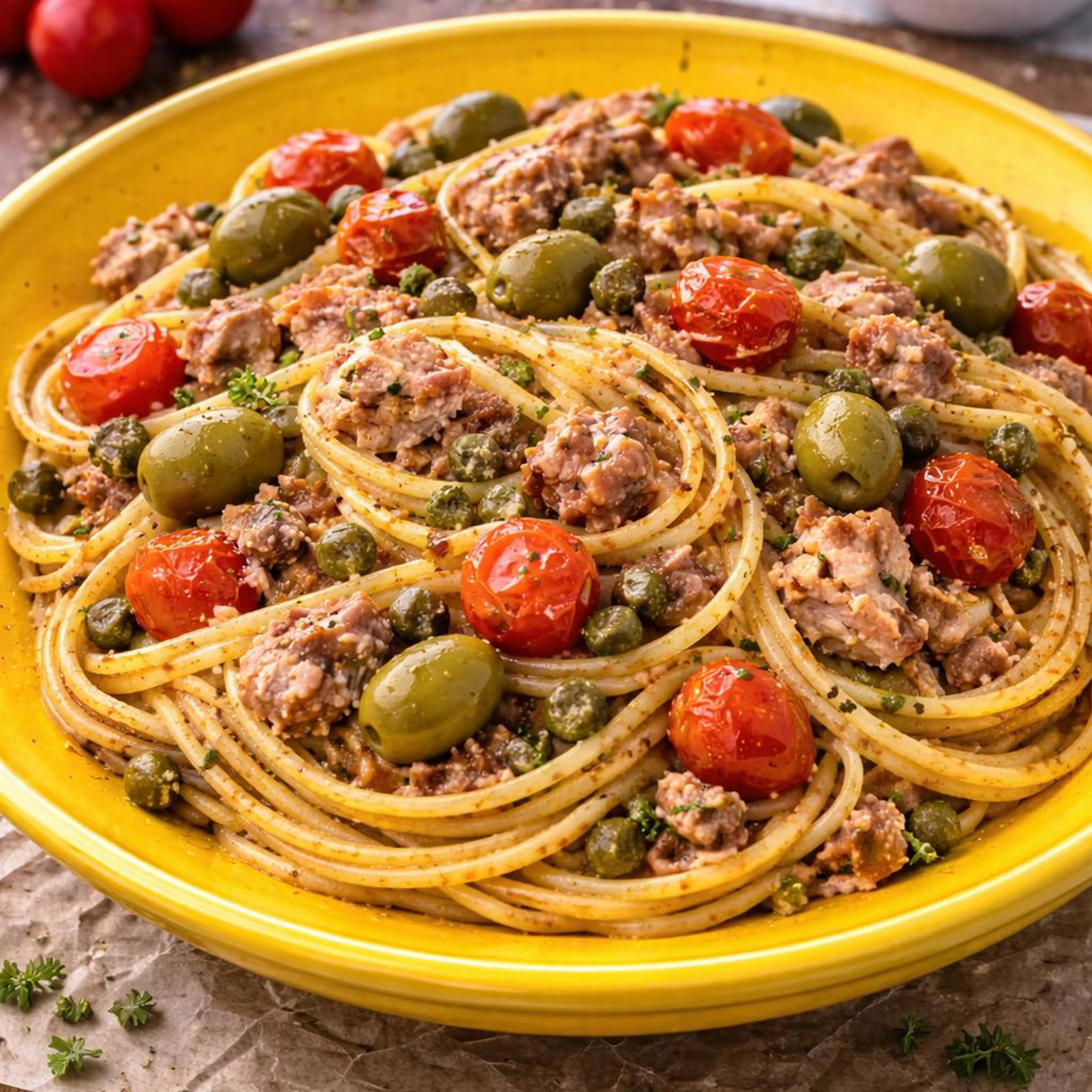 Spaghetti met tonijn, olijven en kappertjes