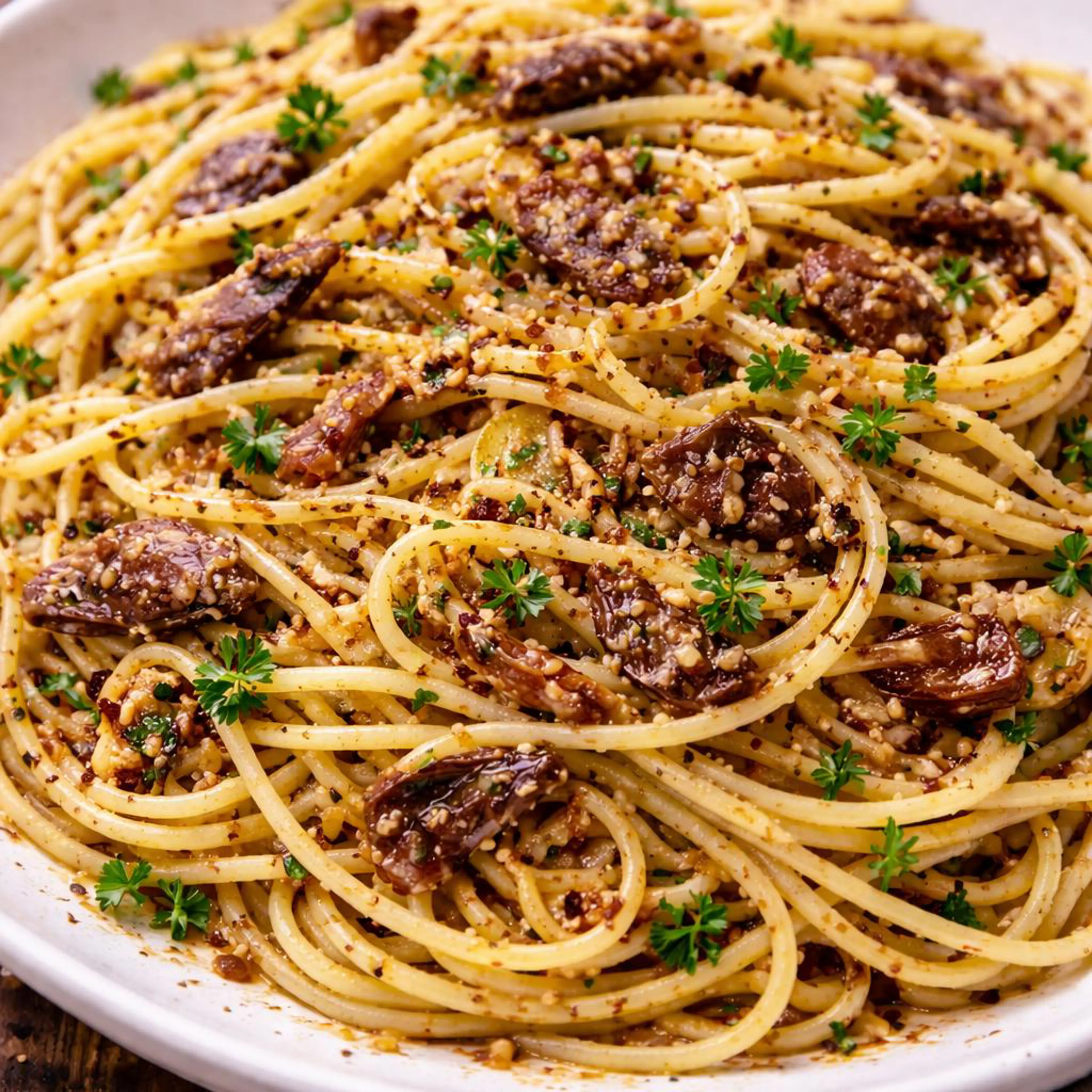 Espaguetini con ajo, aceite y anchoas