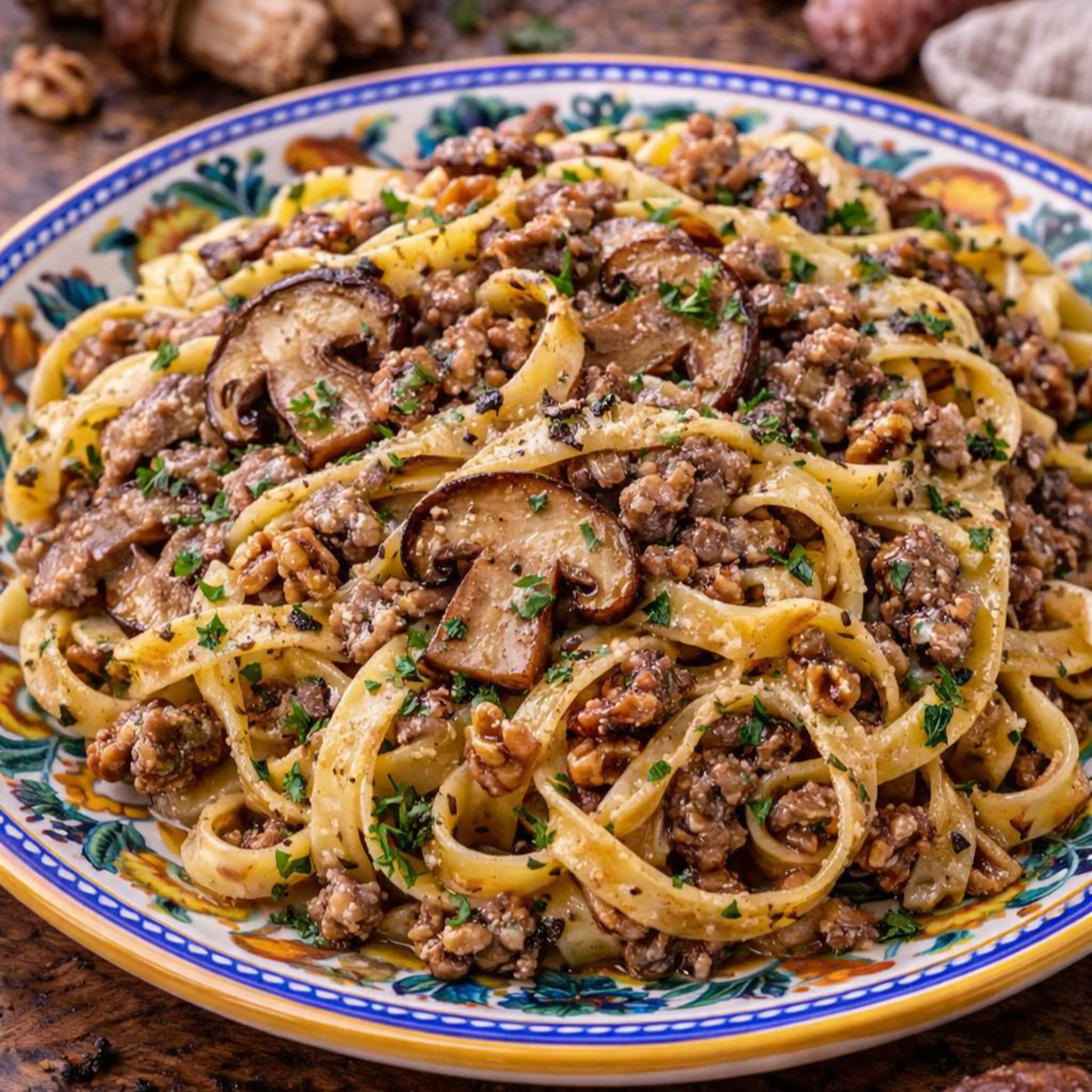 Tagliatelle con setas y salchicha