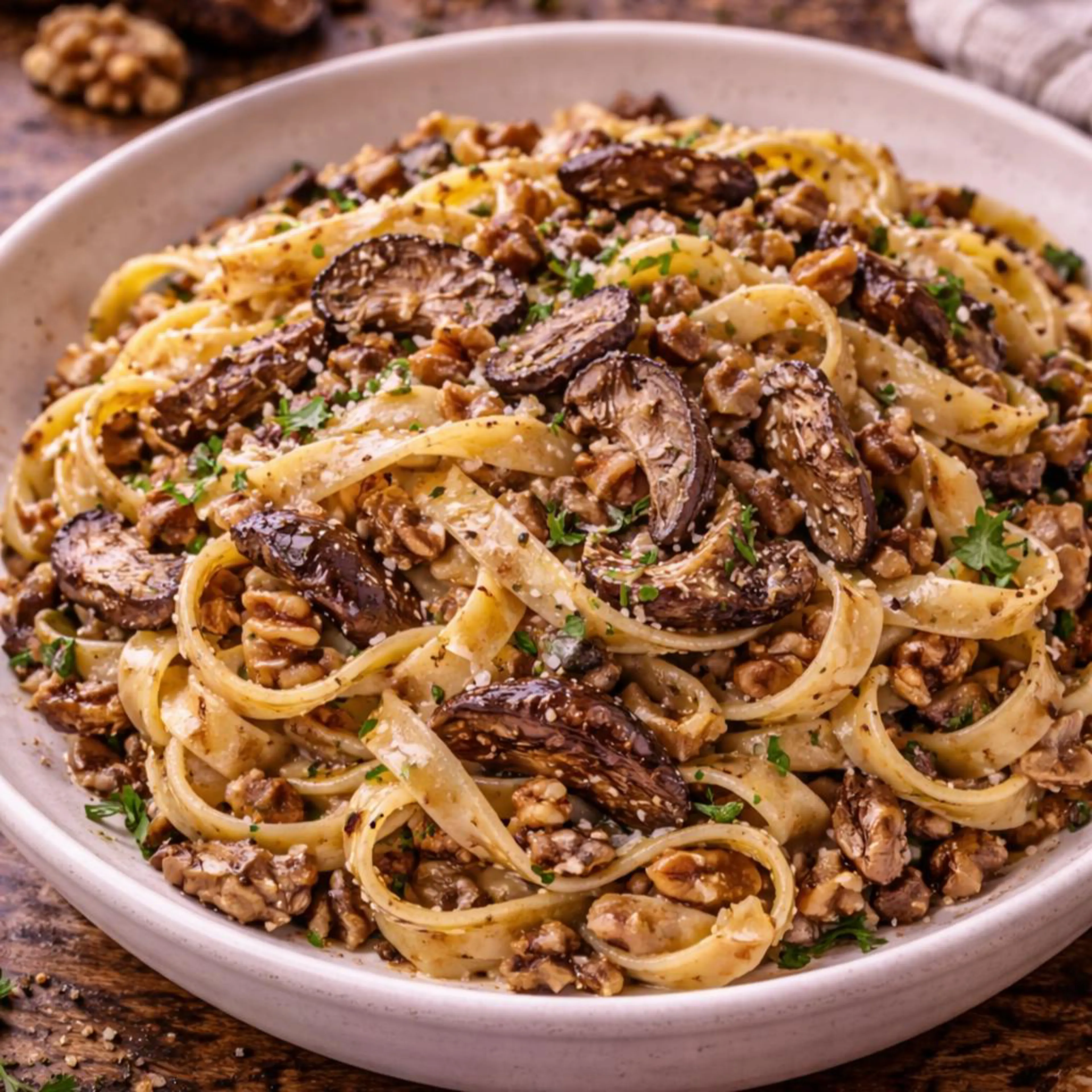 Tagliatelle con setas y nueces