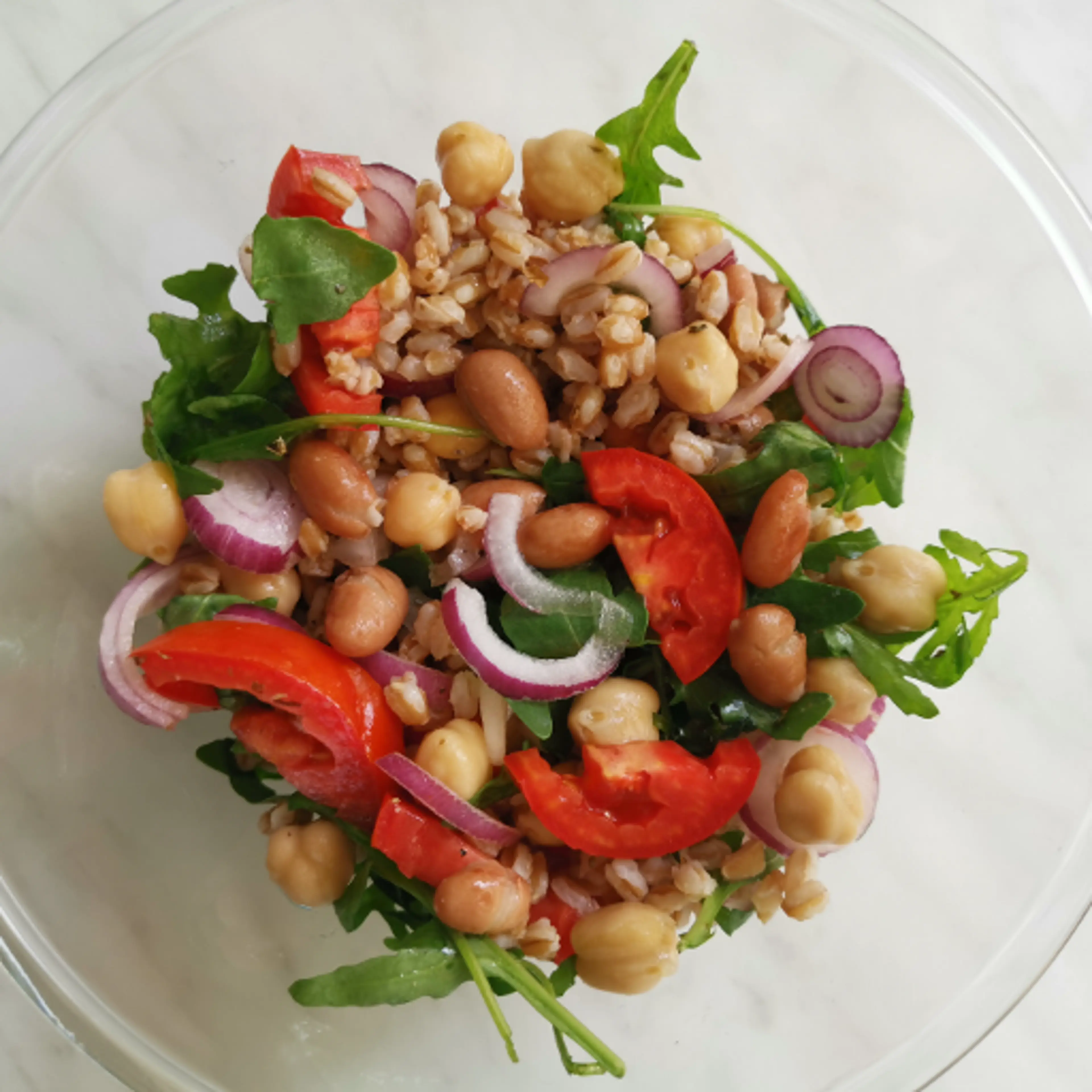 SALAD WITH SPELT, CHICKPEAS, BEANS, TOMATOES, ARUGULA AND TROPEA ONION