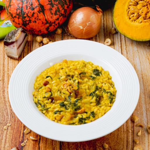 Carnaroli Rice with Pumpkin, Spinach, Hazelnuts, and Crispy Guanciale