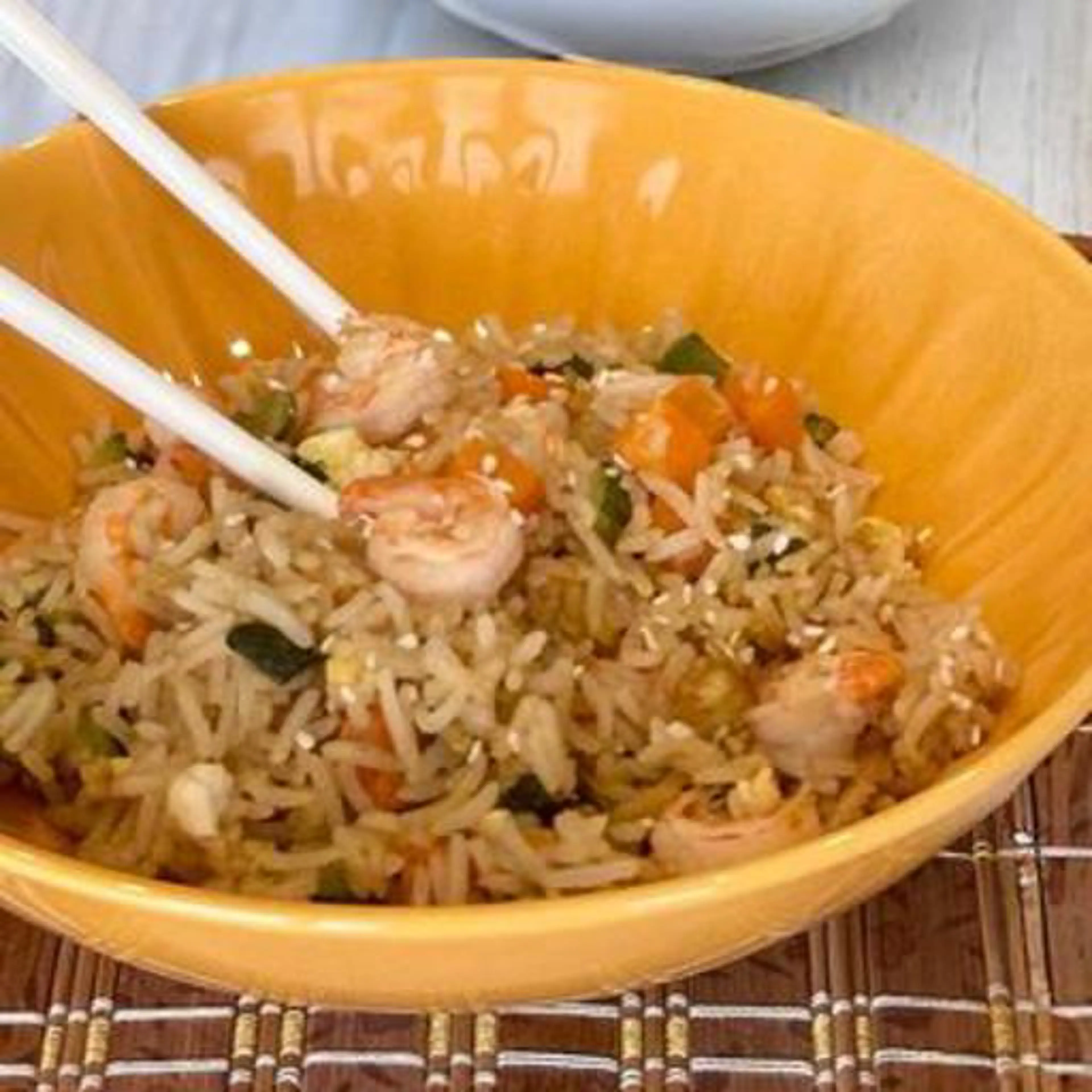 Fried rice (yakimeshi) with vegetables and shrimp