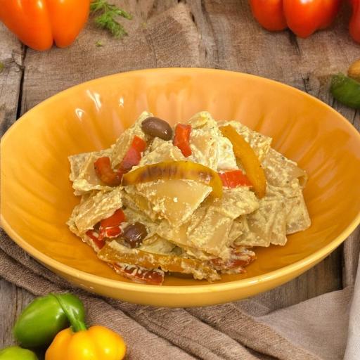 Paccheri with tofu cream, peppers and olives
