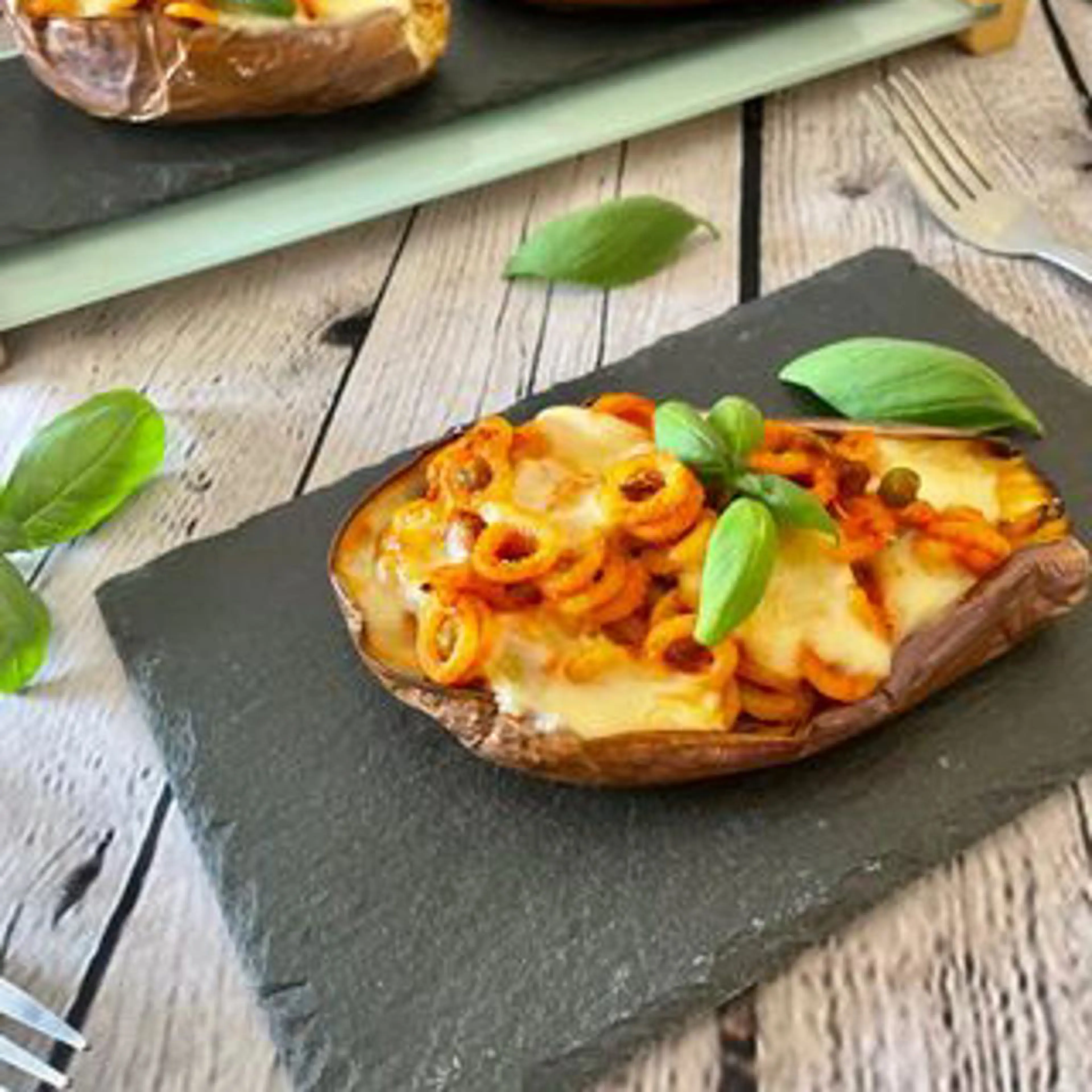 Air Fryer Eggplant Boats Filled with Pasta