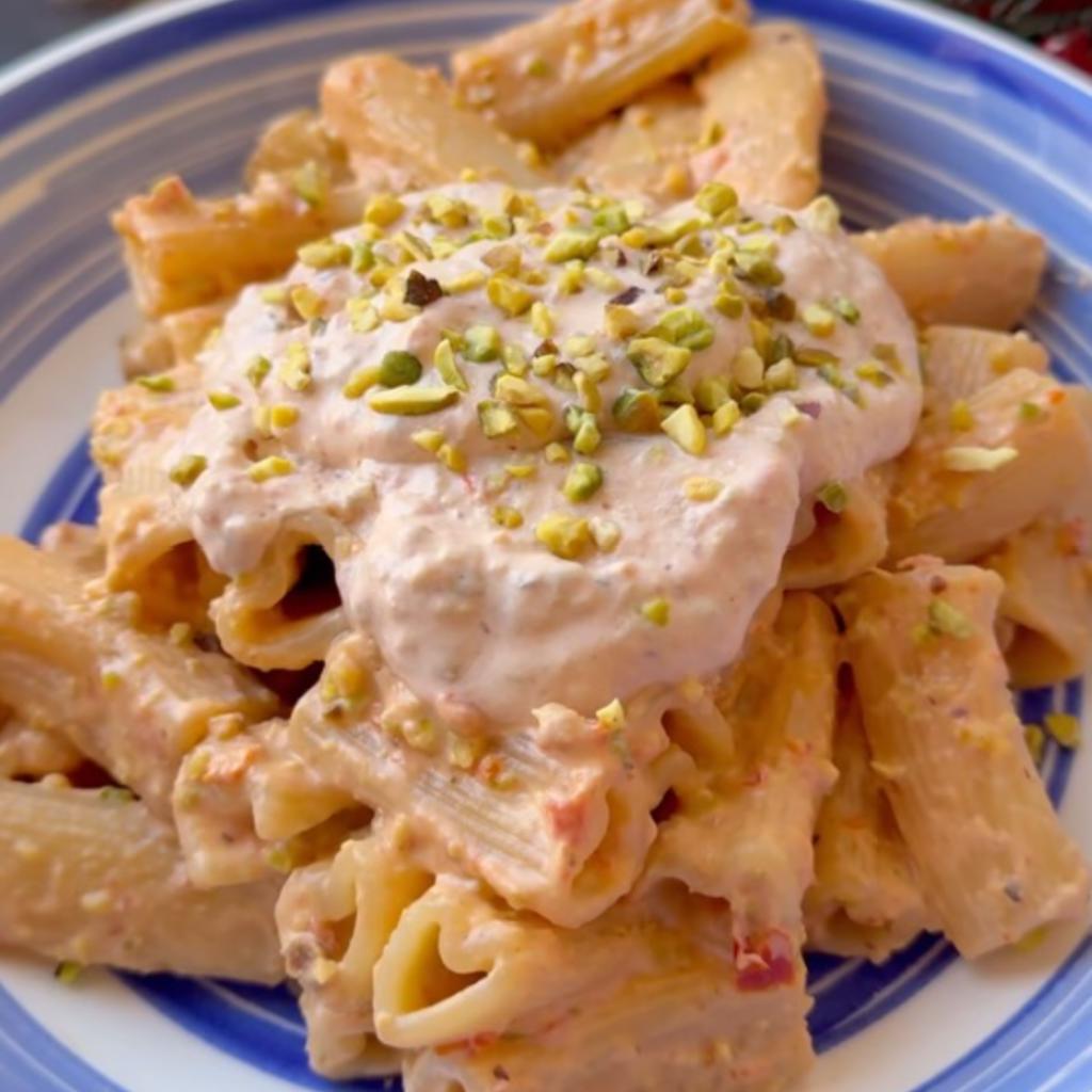 Pasta mit Burrata, Pistazien und getrockneten Tomaten