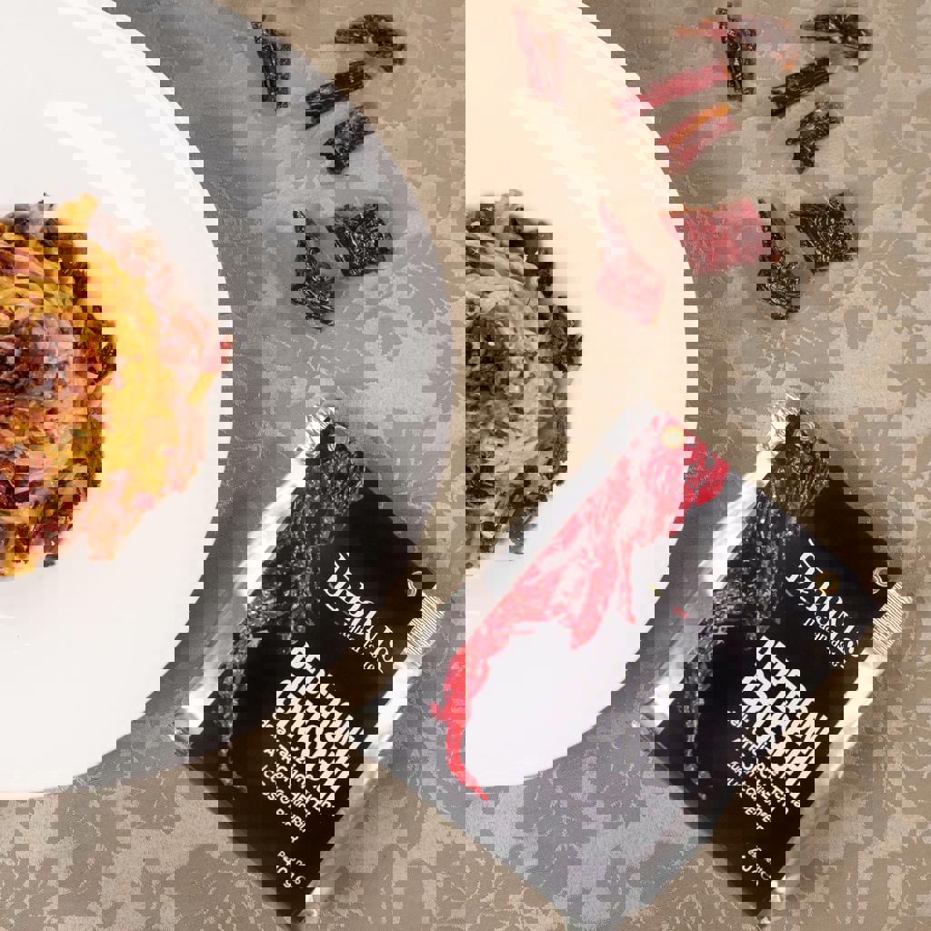 Red Mafaldine with Anchovies, Garlic, Parsley, and Taggiasca Olives