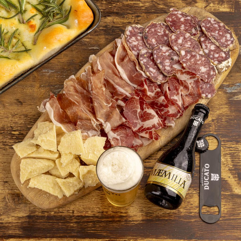 Emilian platter with herb focaccia, Parma cured meats and Parmigiano Reggiano flakes