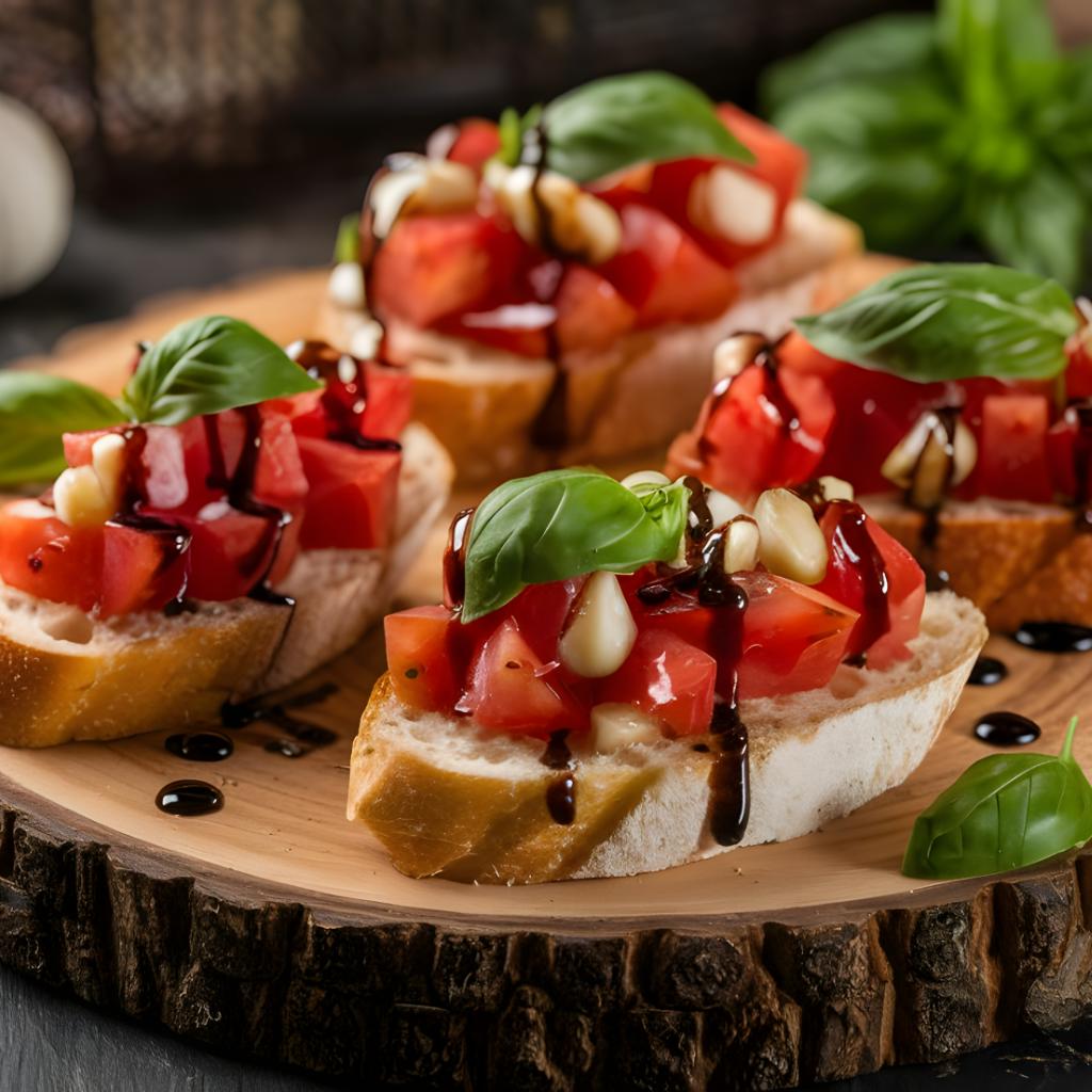 Bruschetta rustica con caciotta mista cremosa, pomodorini, pinoli e crema all’aceto balsamico di modena igp
