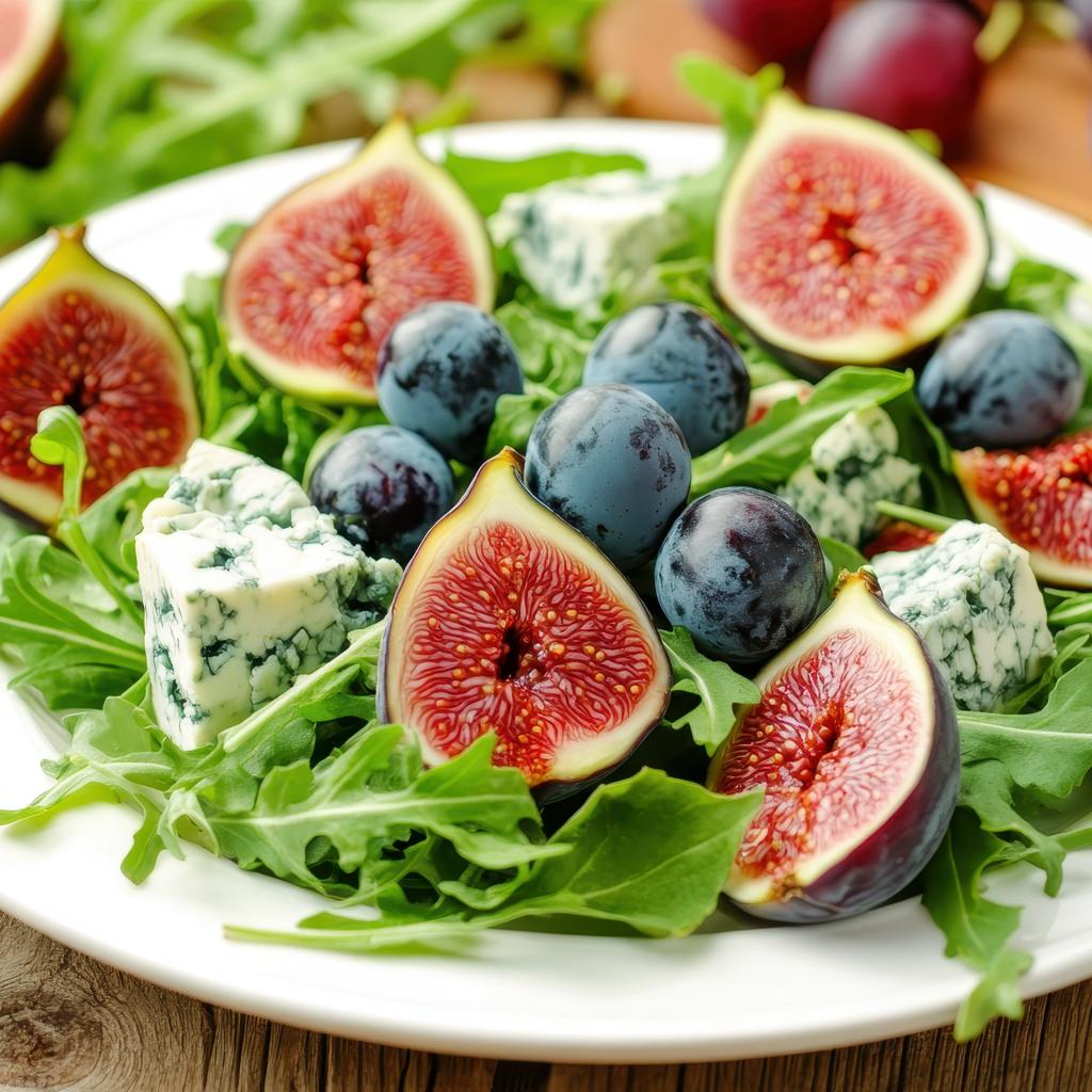 Insalata di rucola, fichi, uva nera ed erborinato vaccino