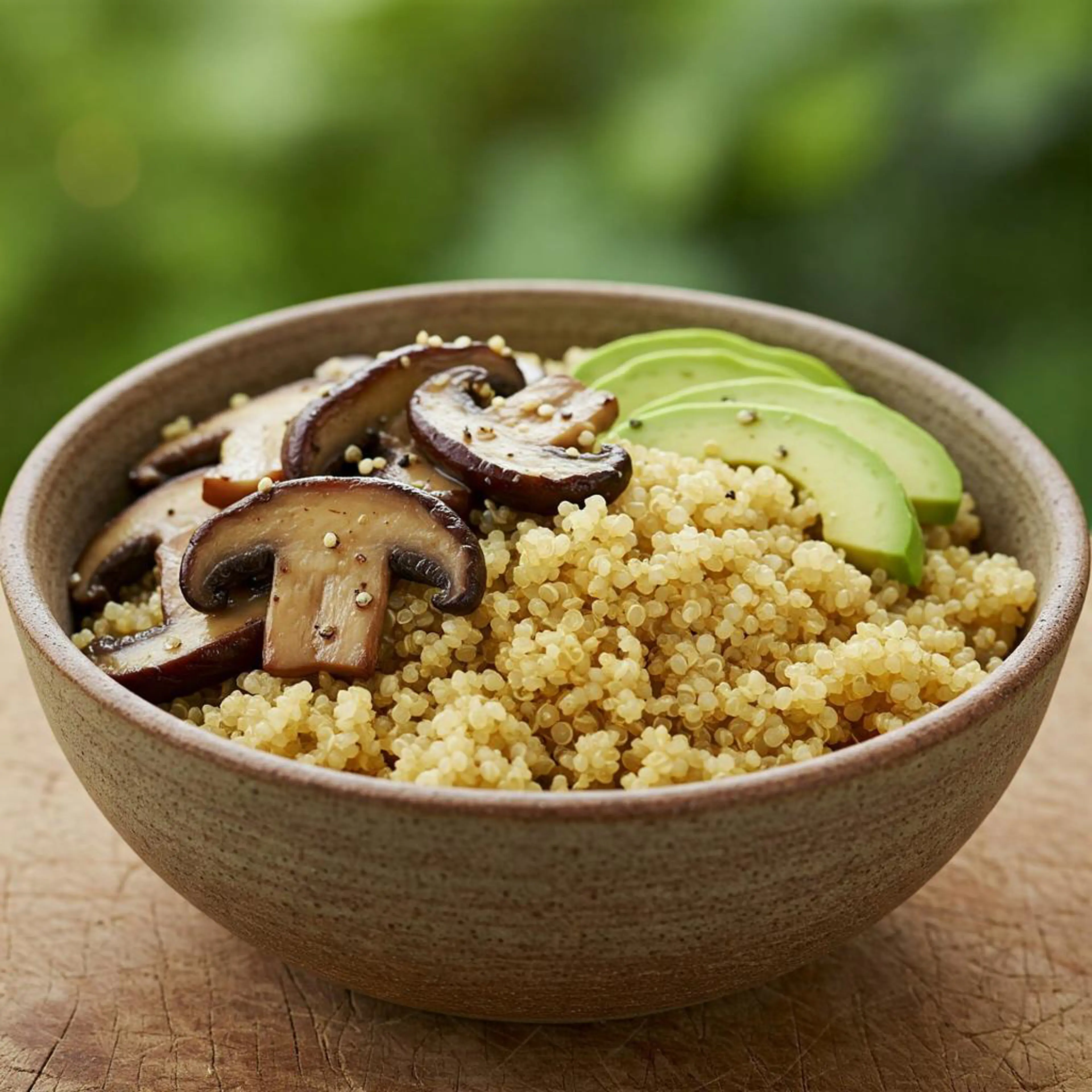 Quinoa bowl with sautéed shiitake and avocado