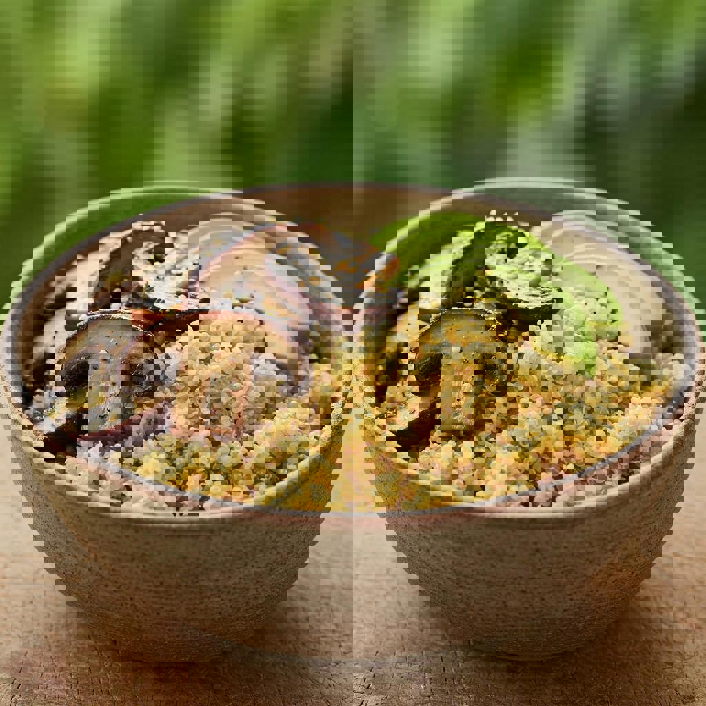 Bowl di quinoa con shiitake saltati e avocado