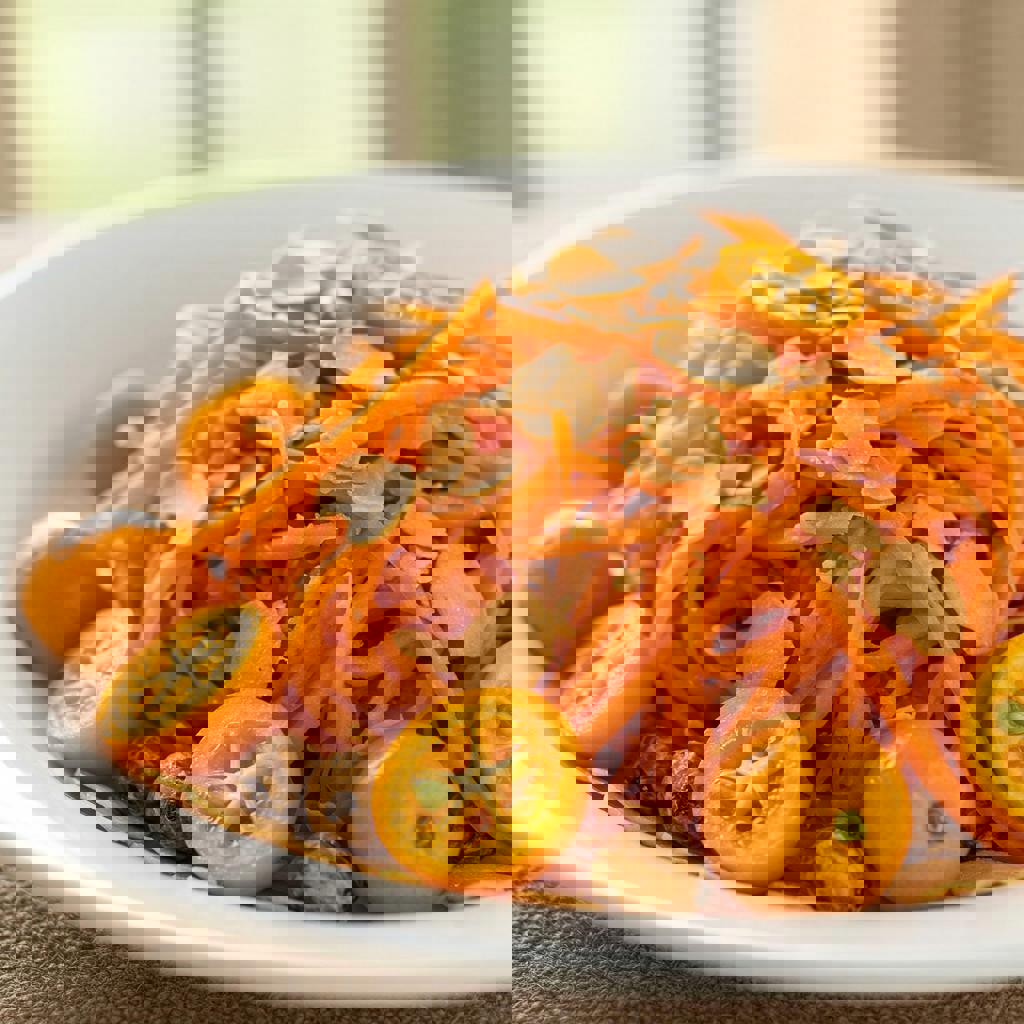 Insalata vivace di carote e kumquat con fiocchi di zigolo dolce o chufa