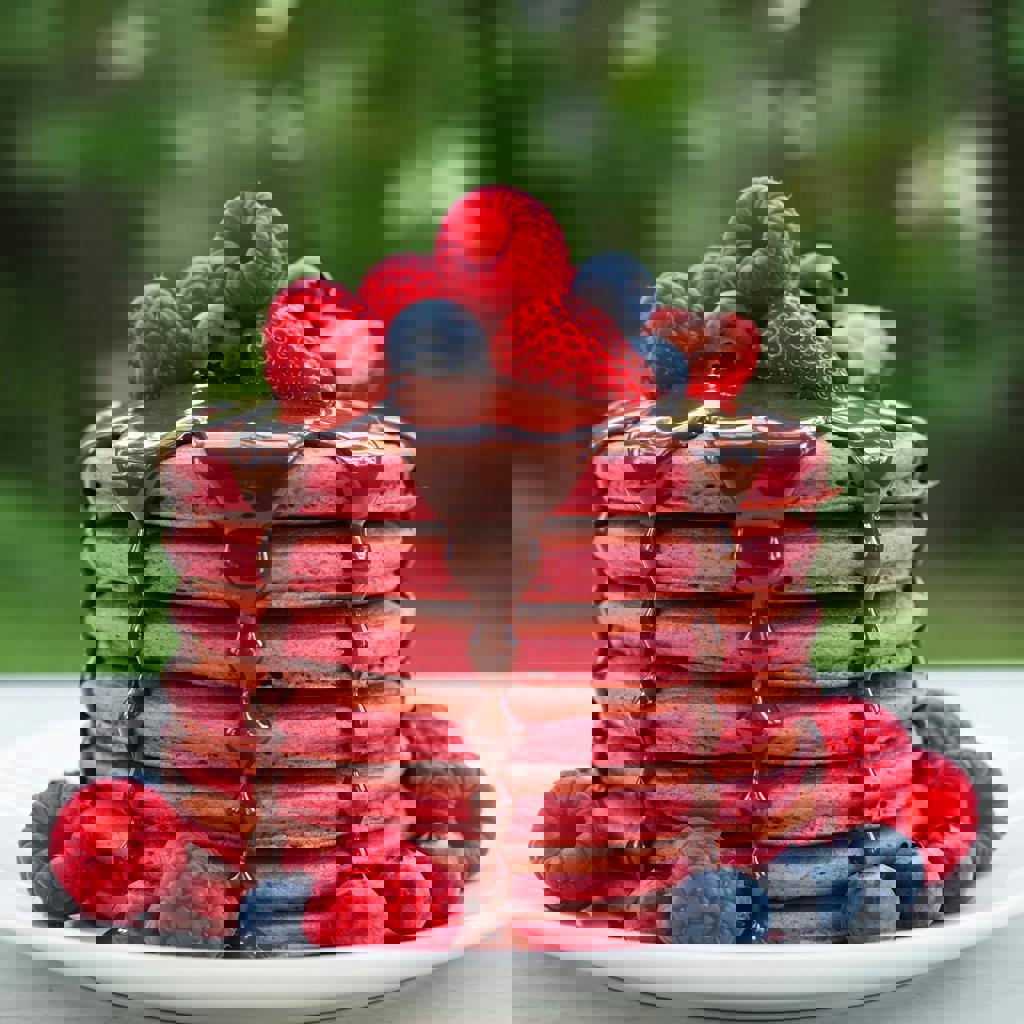 Torre di pancake proteici rosa con salsa al "cioccolato"