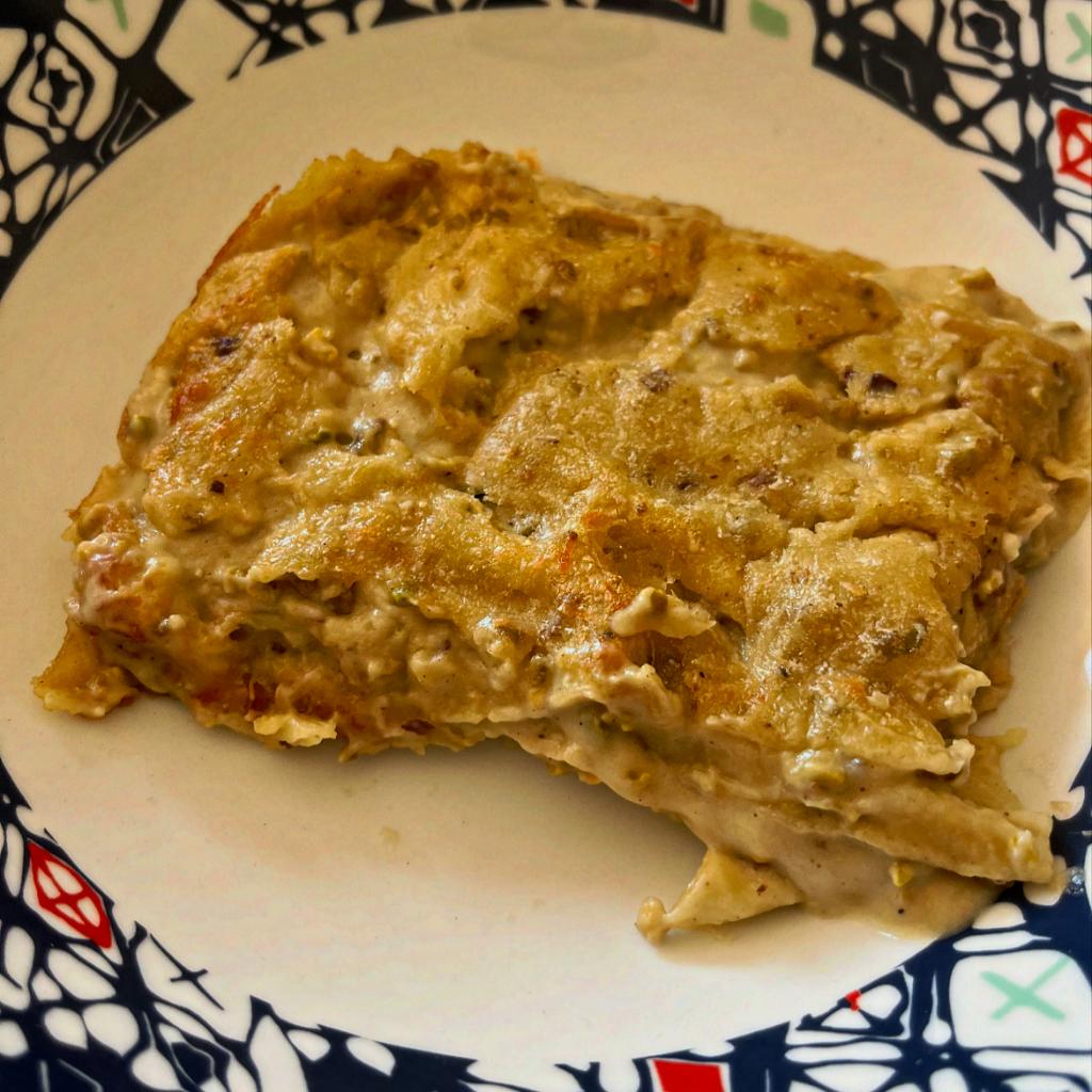 Lasagnetta bianca con pesto di pistacchi e gamberetti