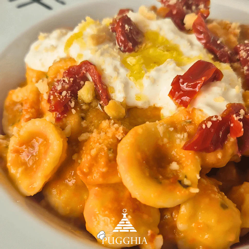 Orecchiette, sun-dried tomatoes, oil, burrata and taralli