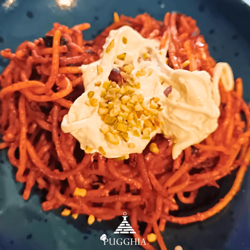 Gourmet Spaghetti all'assassina with Stracciatella and Pistachio