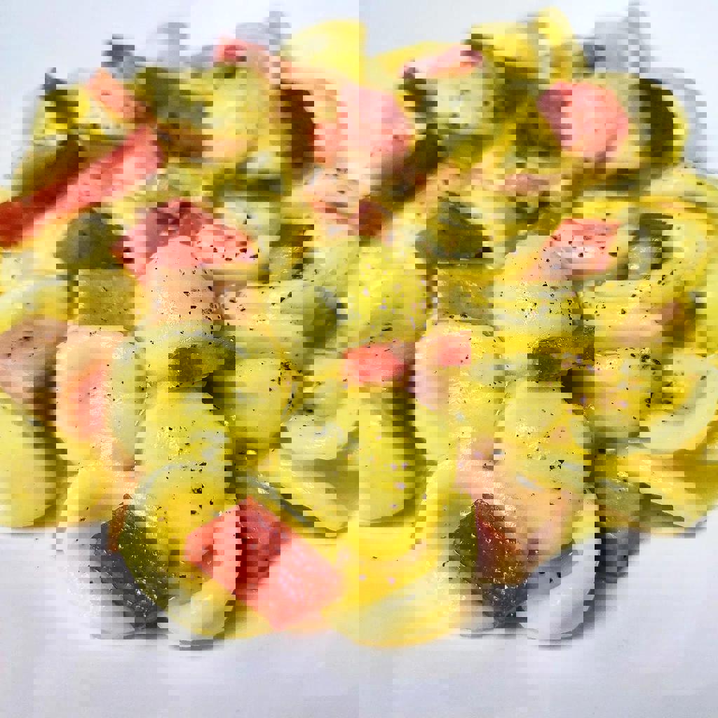 Orecchiette met aardappelcrème en krokante mortadella