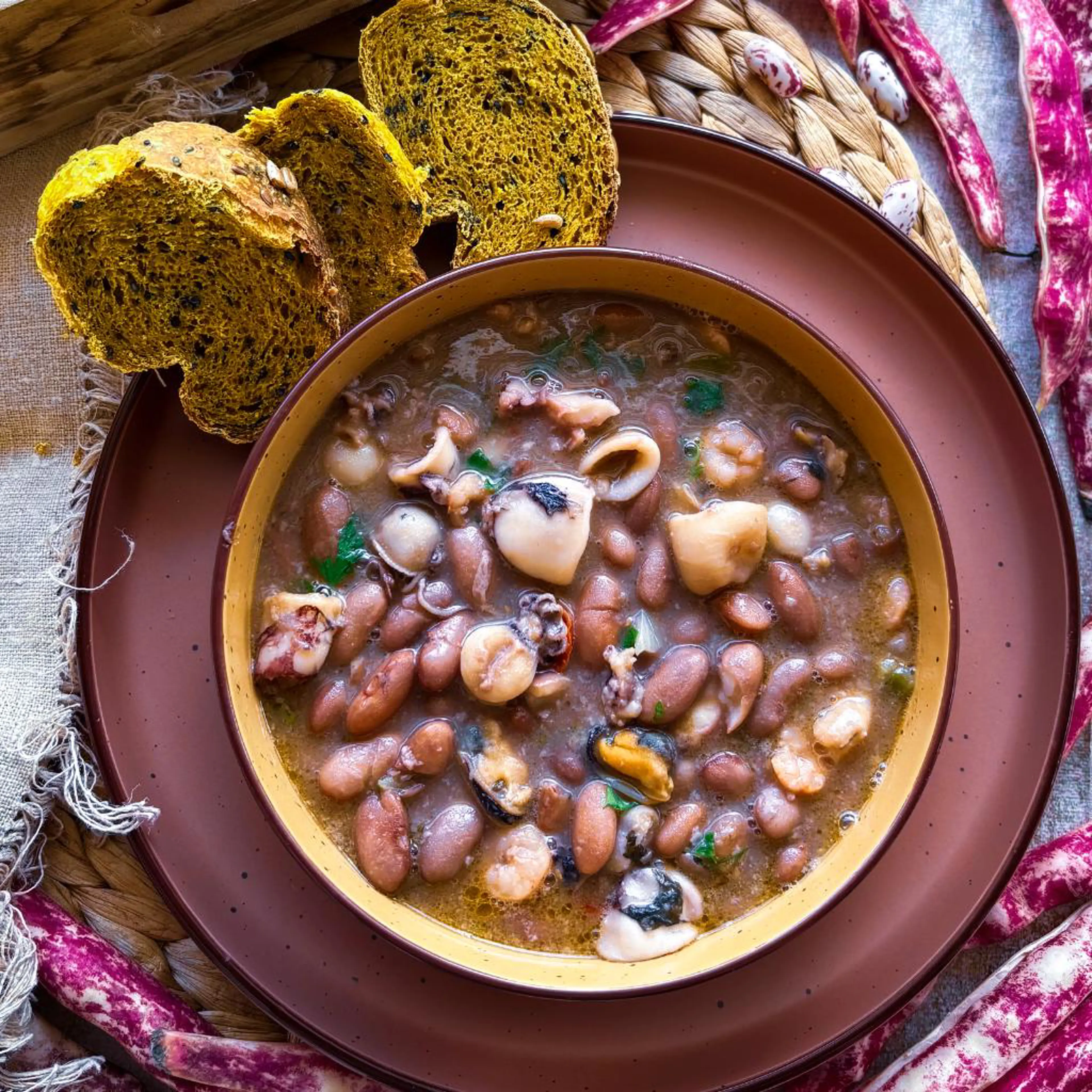 Borlotti and seafood soup