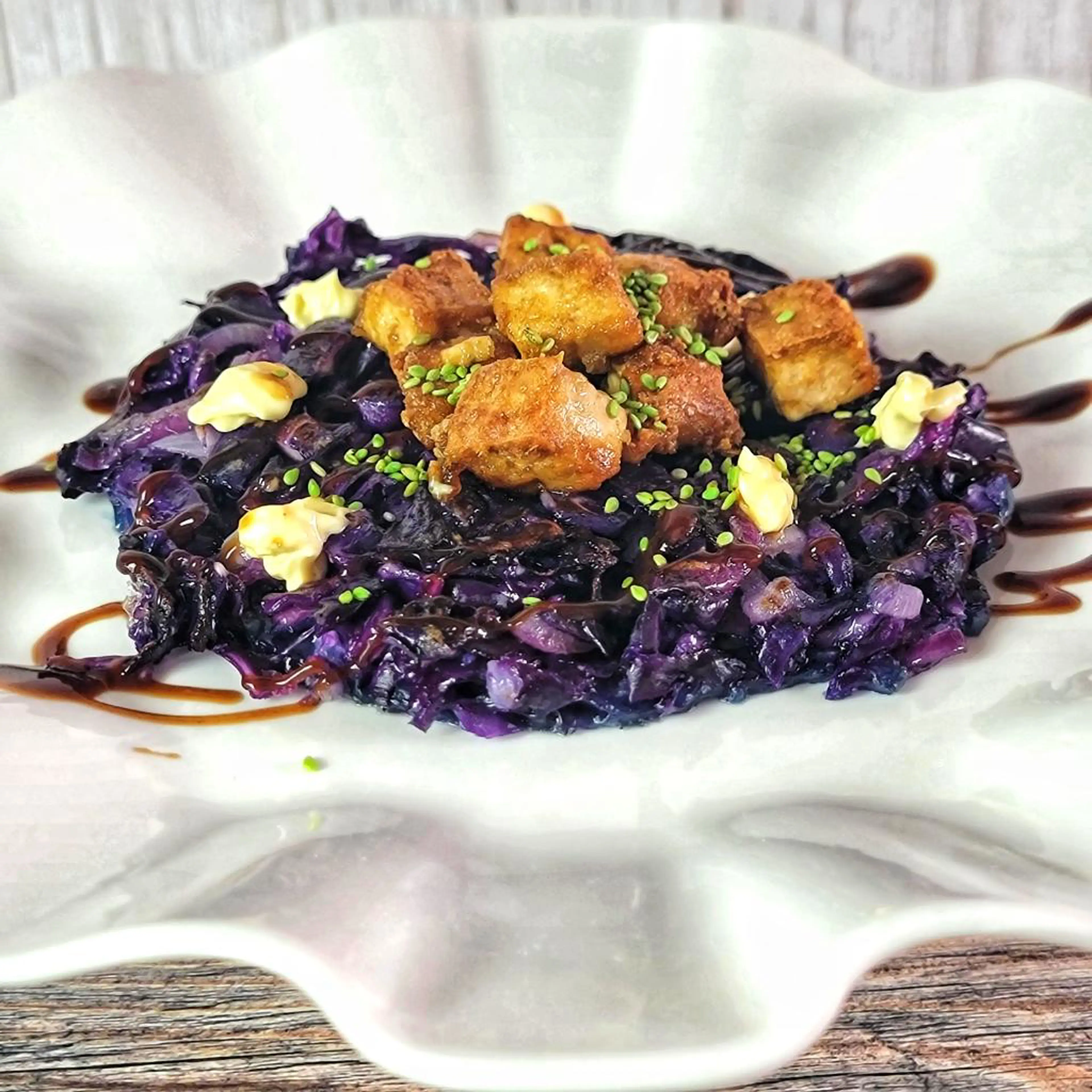 Purple okonomiyaki with crispy tofu topping