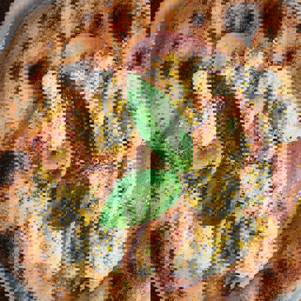 Pizza  con burrata, mortadella e  pistacchio
