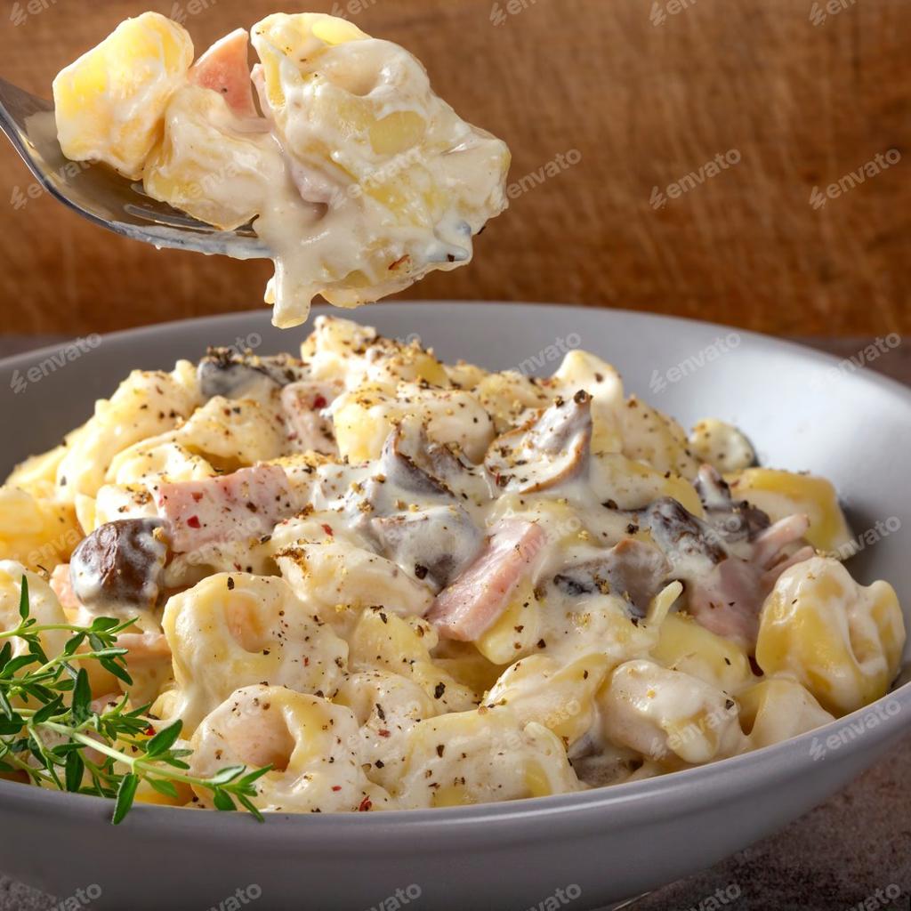 Tortellini mit Sahne, Schinken und Pilzen