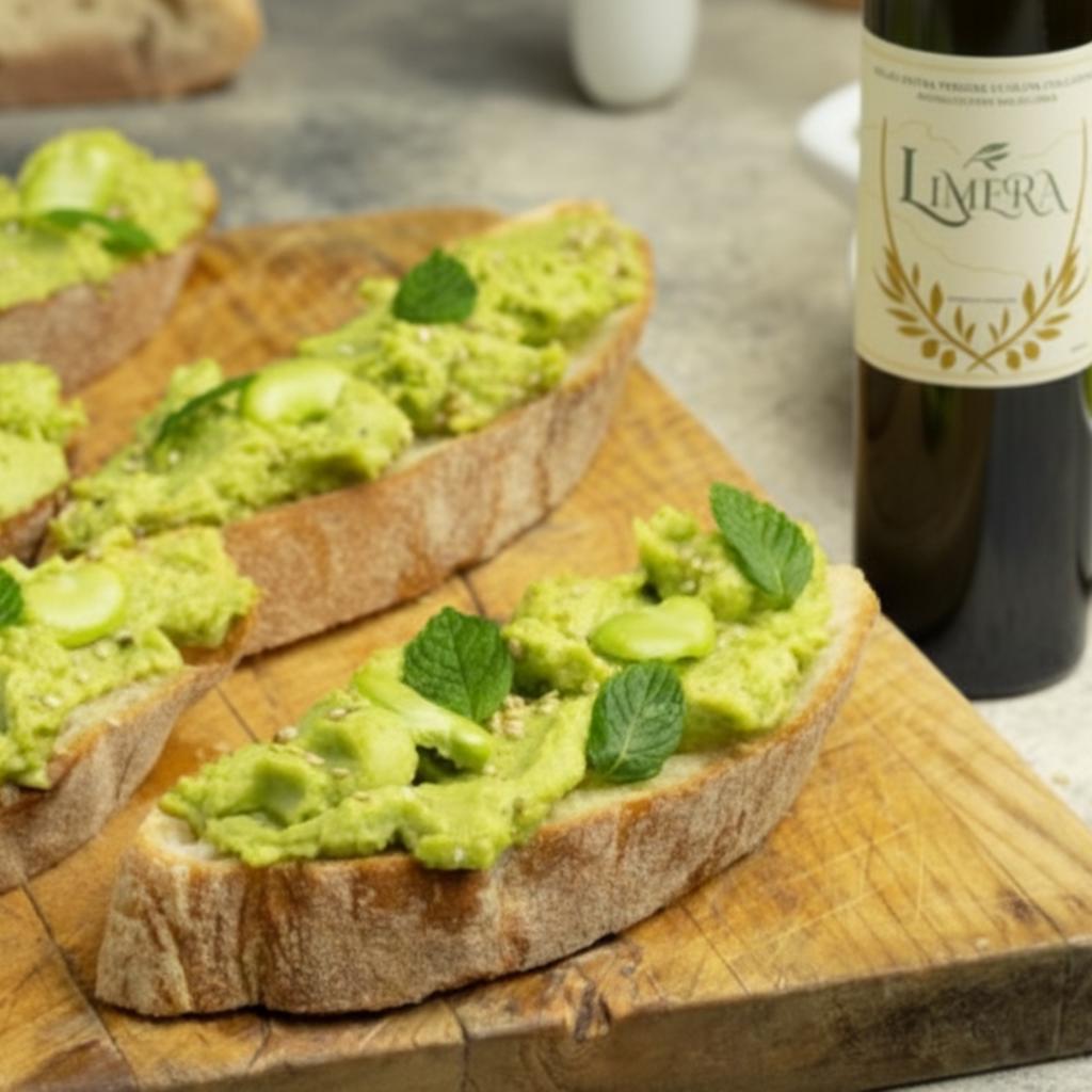 Bruschette con crema di fave fresche e olio limera