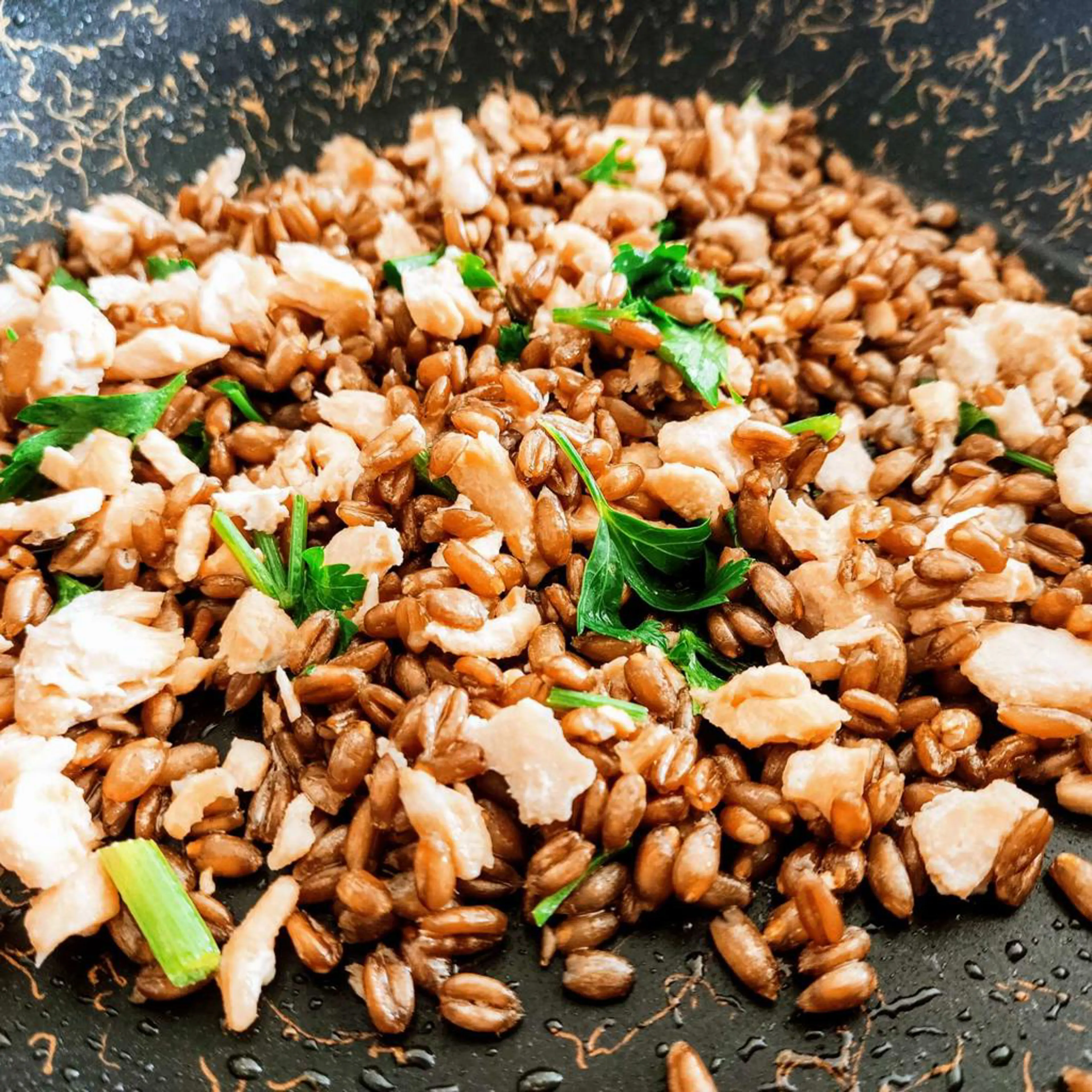 Dehulled spelt with fresh salmon