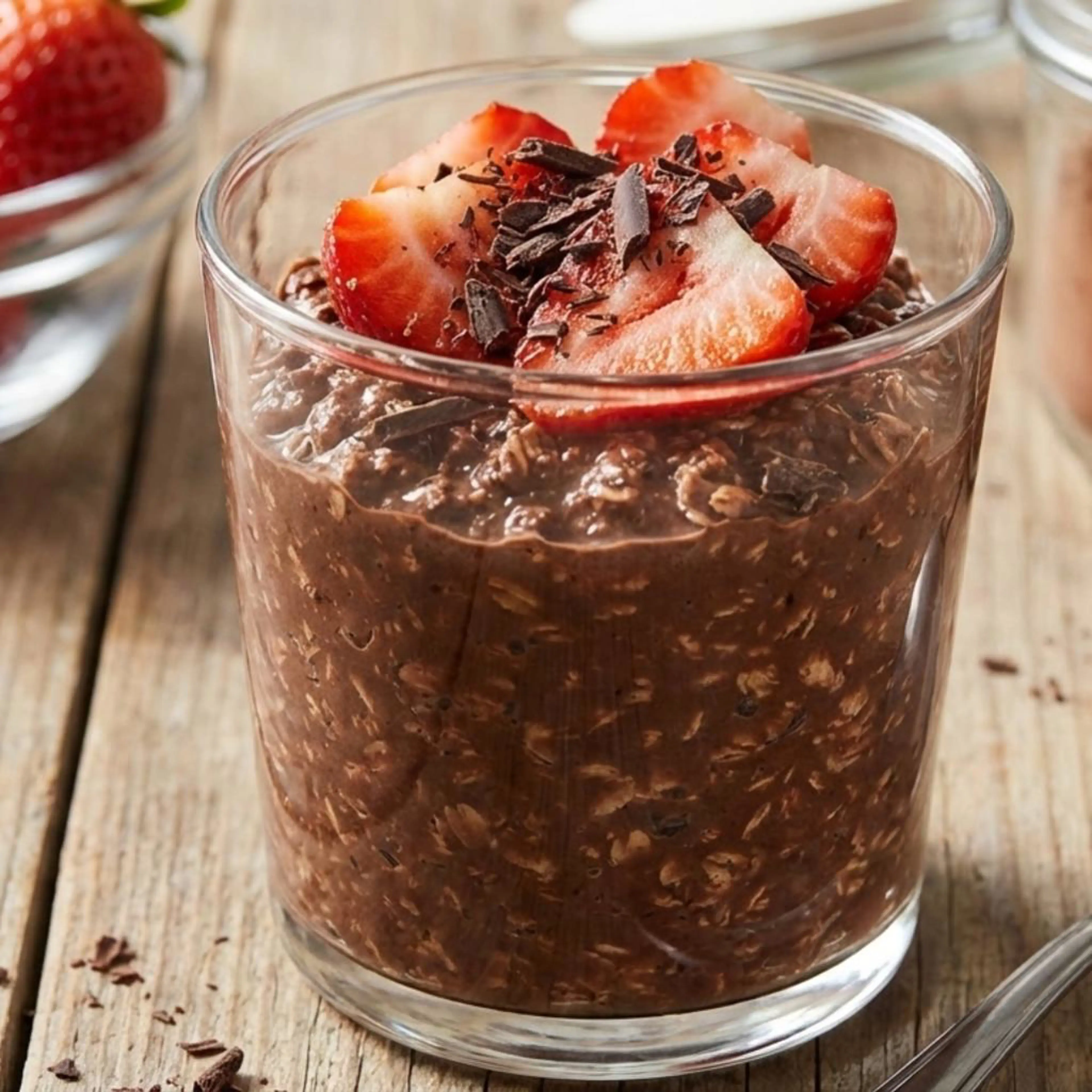 Overnight cocoa and strawberry porridge