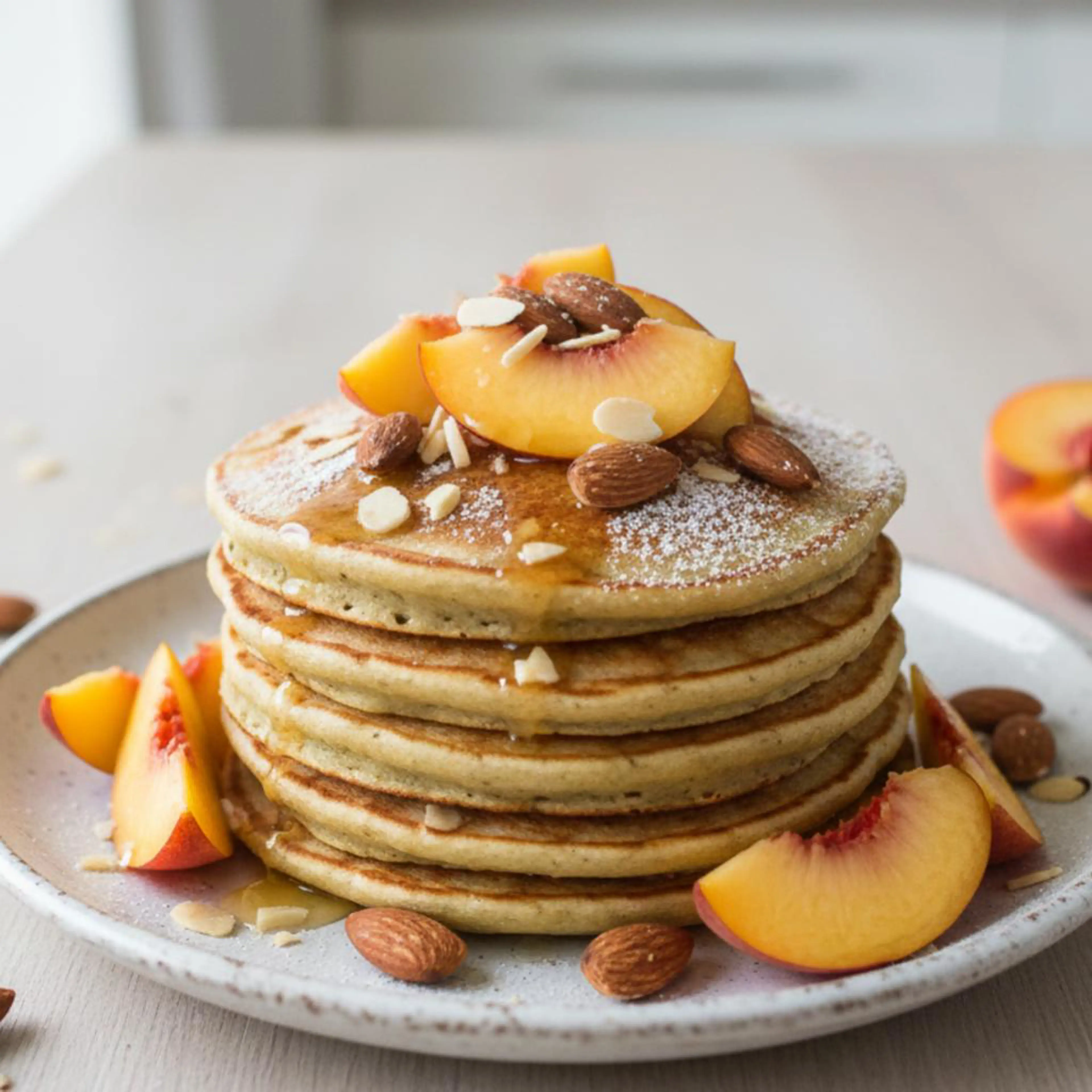 Egg-free sugar-free protein pancakes with peaches and almonds