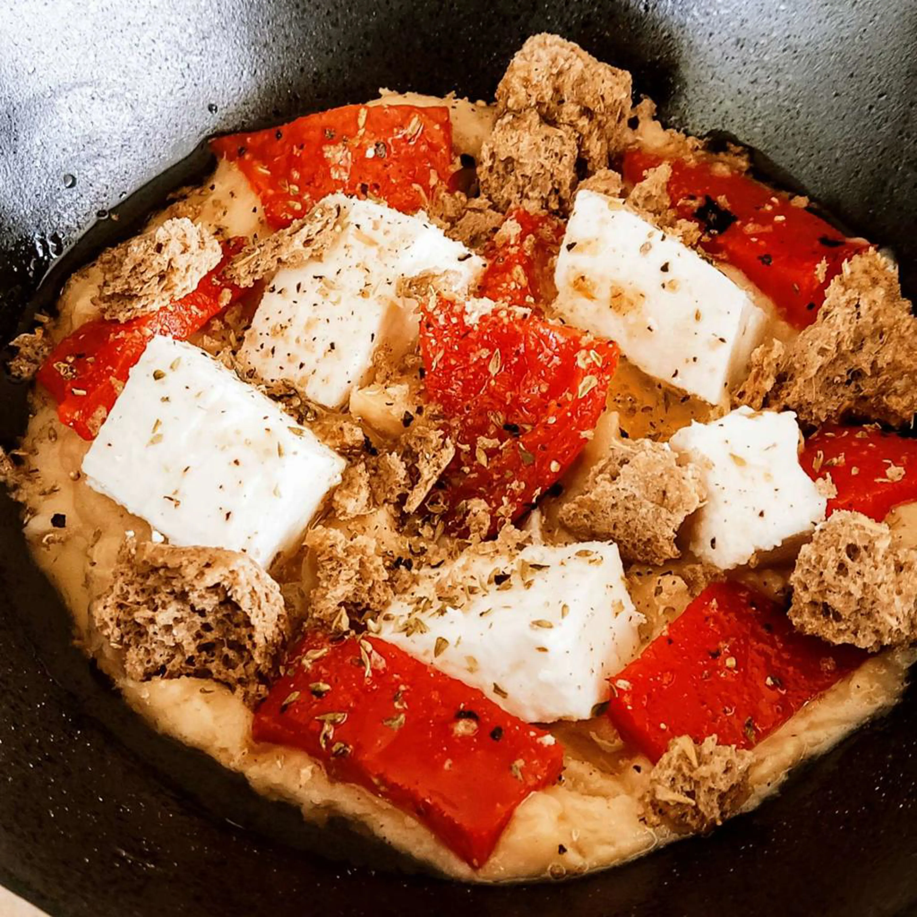 Broad bean cream with feta and grilled peppers
