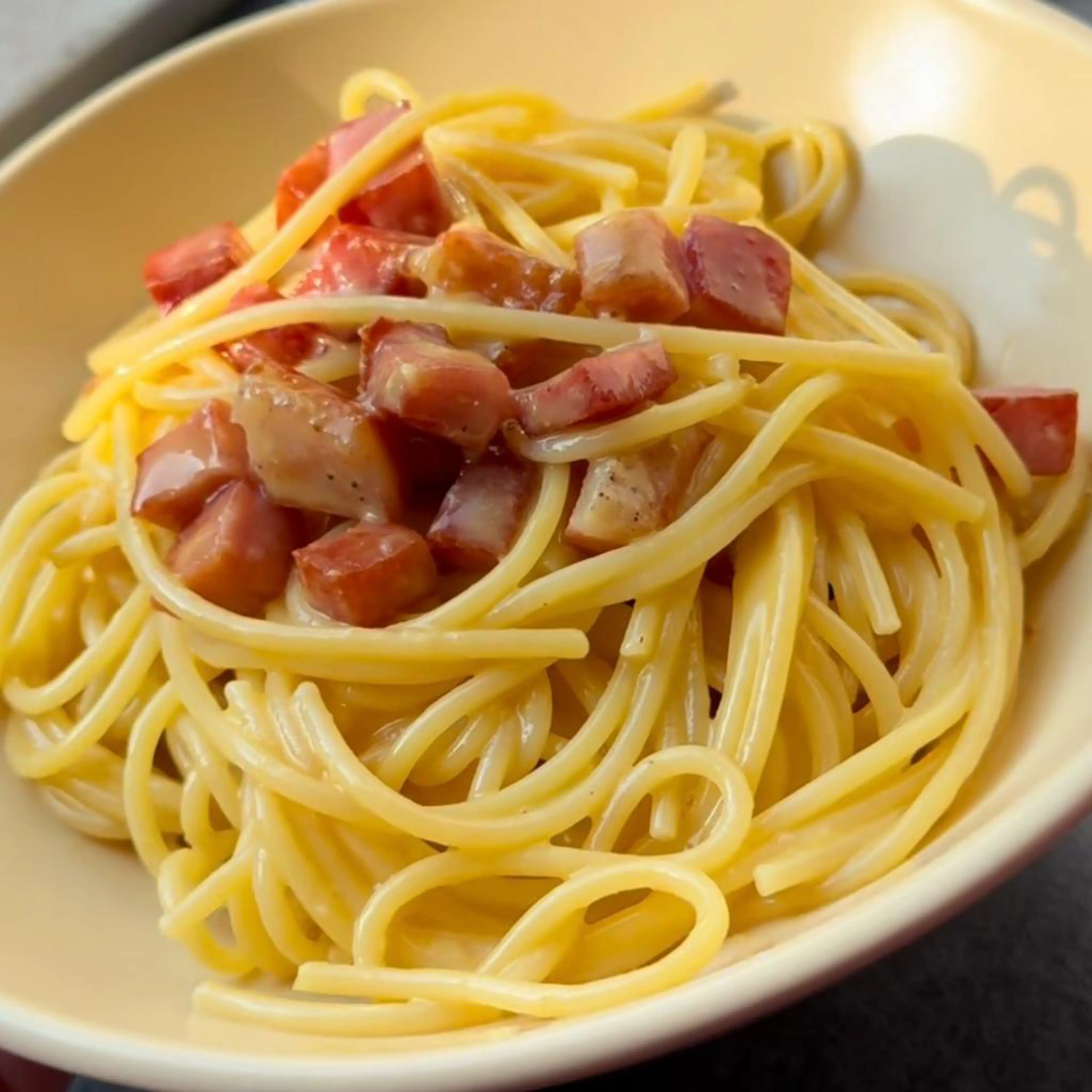 Pasta with egg yolks, Parmesan and aged pork loin