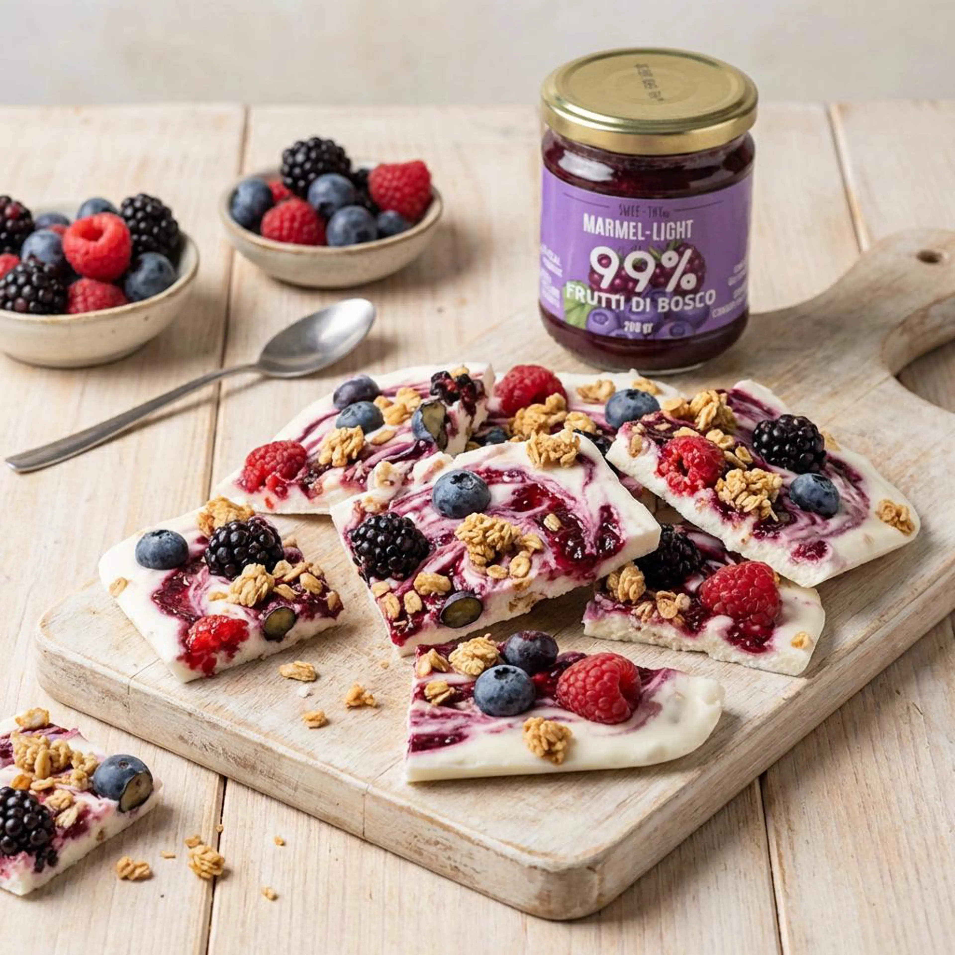Yogurt bark "bessen crunch" lactosevrije snack