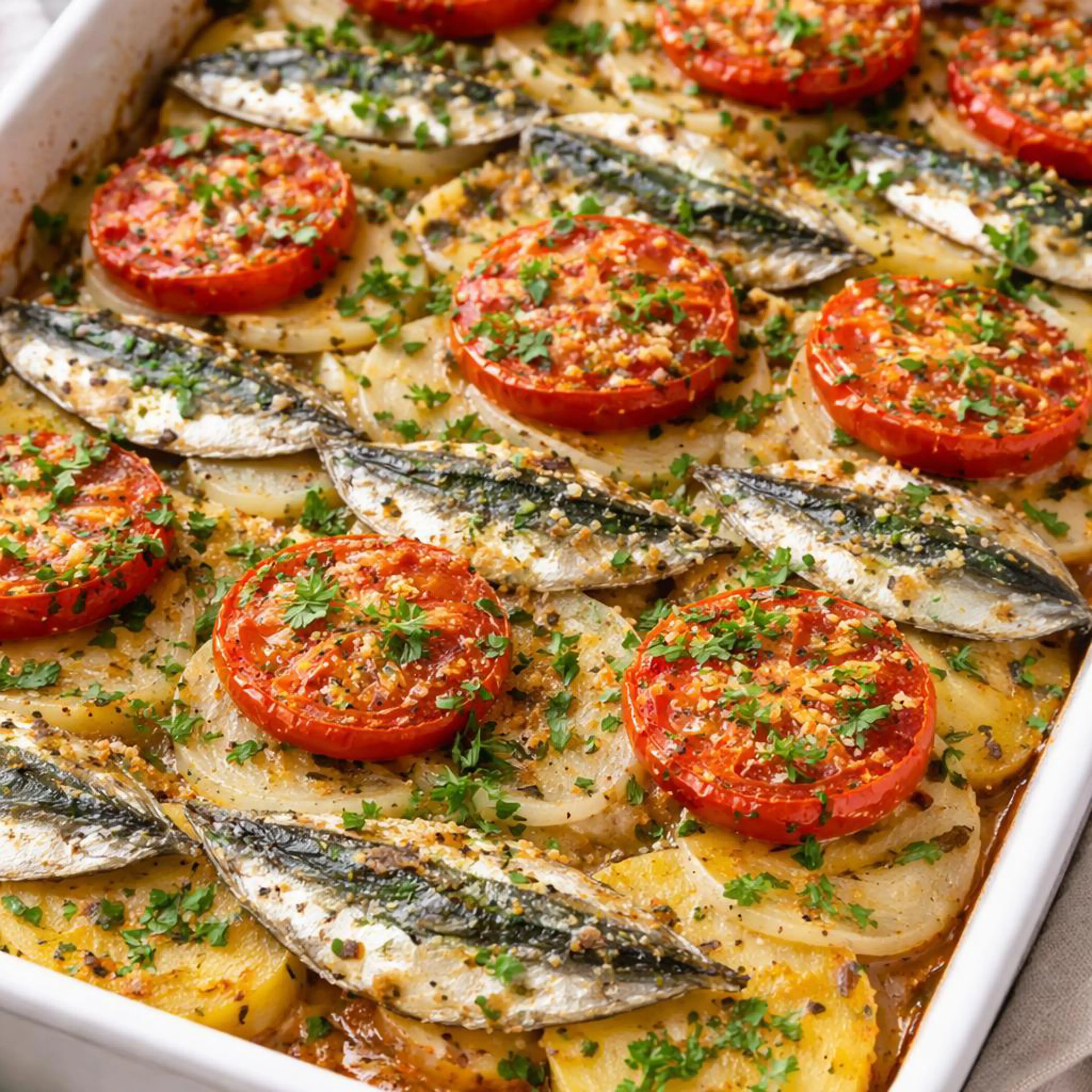 Anchovas com batatas e cebolas